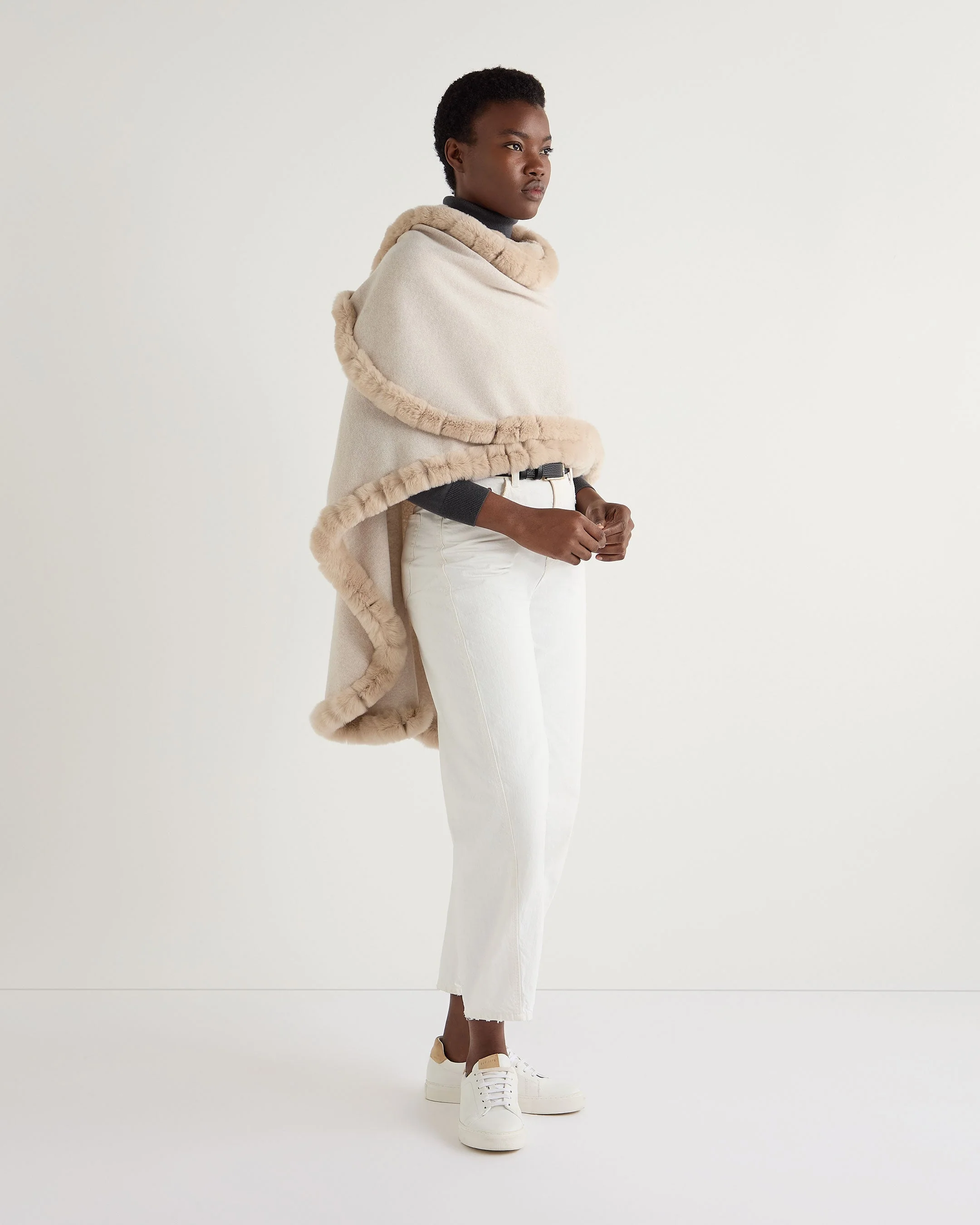 Women's Ayla Fur Trim Cashmere Cape Ecru White - Image 3