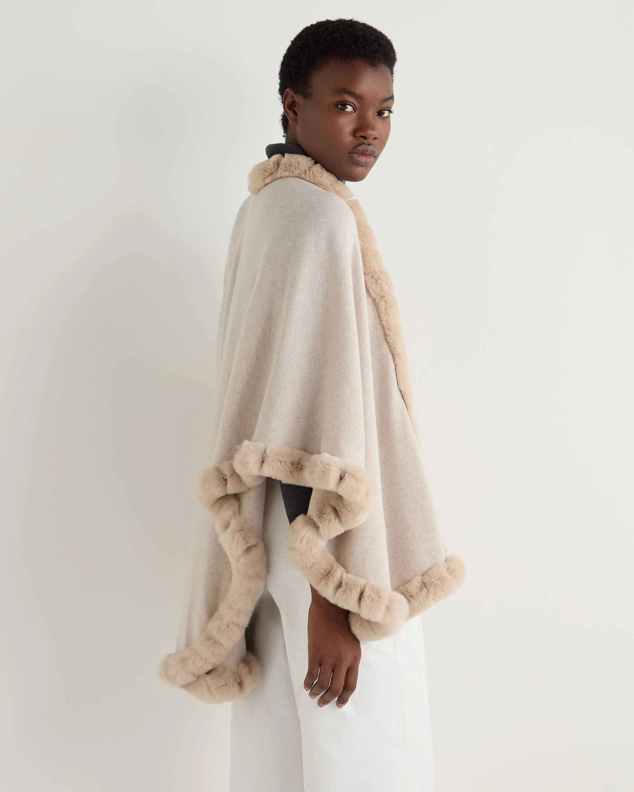 Women's Ayla Fur Trim Cashmere Cape Ecru White - Image 5