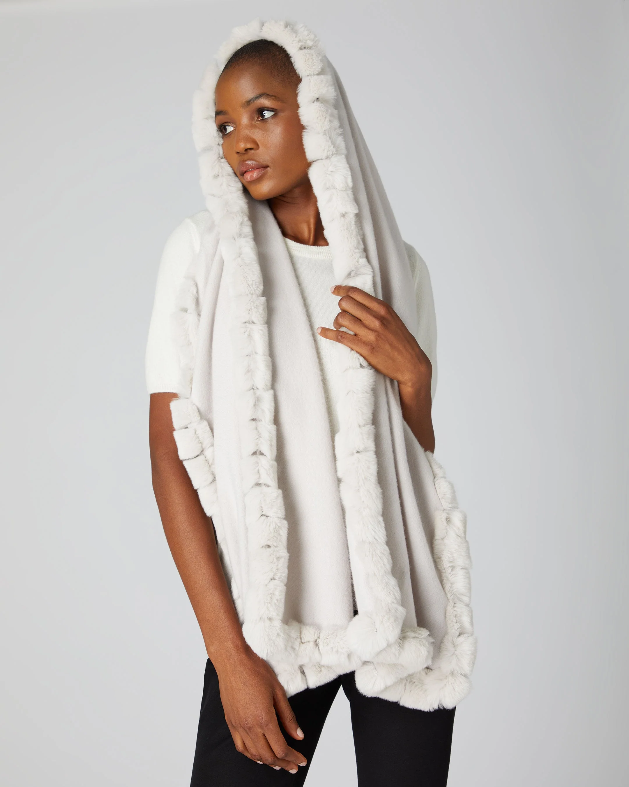 Women's Meribel Woven Fur Trim Scarf Snow Grey - Image 3