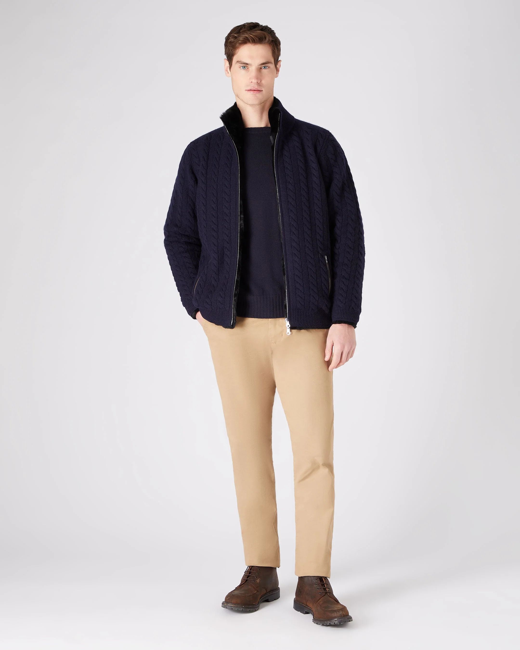 Men's Aspen Cashmere Cable Fur Cardigan Navy Blue - Image 3