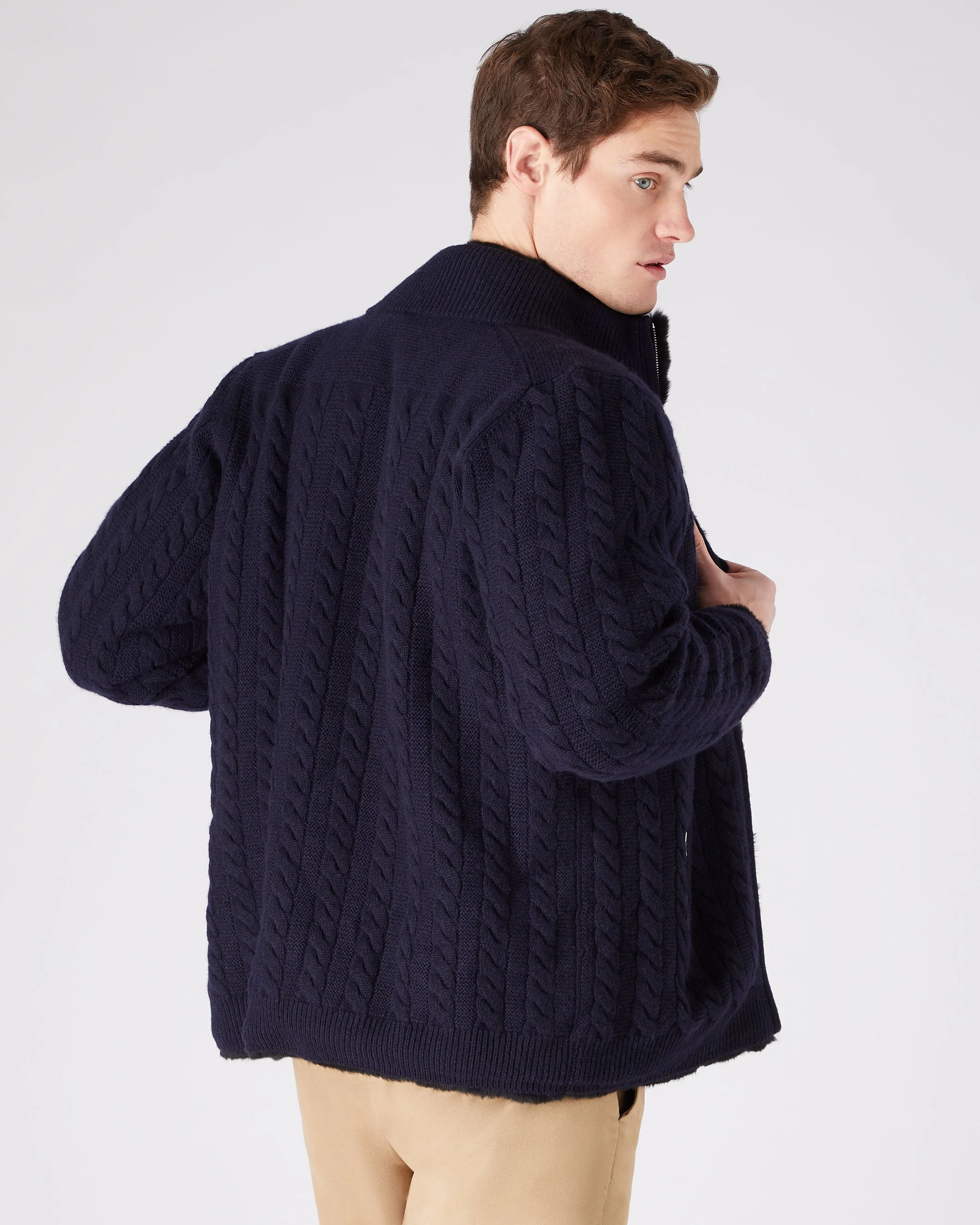 Men's Aspen Cashmere Cable Fur Cardigan Navy Blue - Image 4