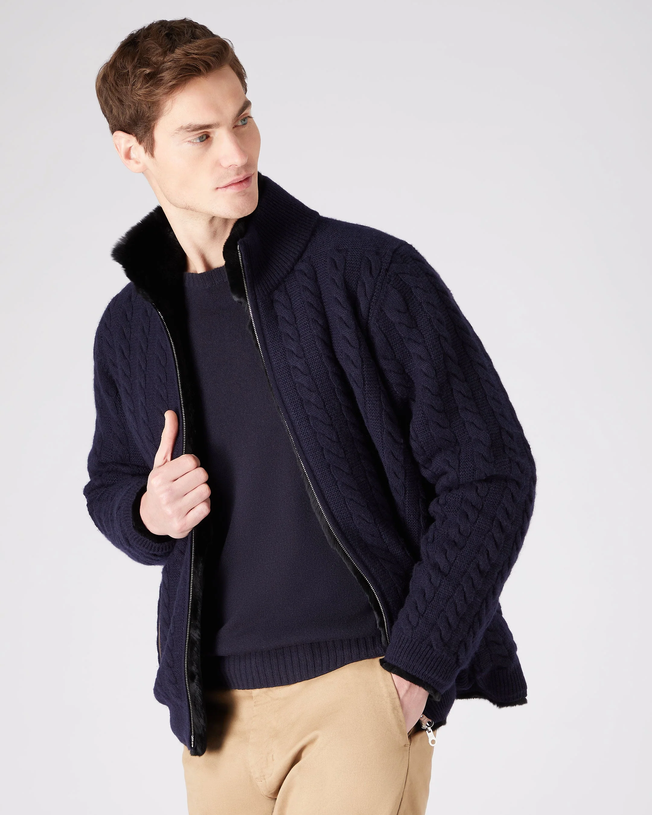 Men's Aspen Cashmere Cable Fur Cardigan Navy Blue - Image 5