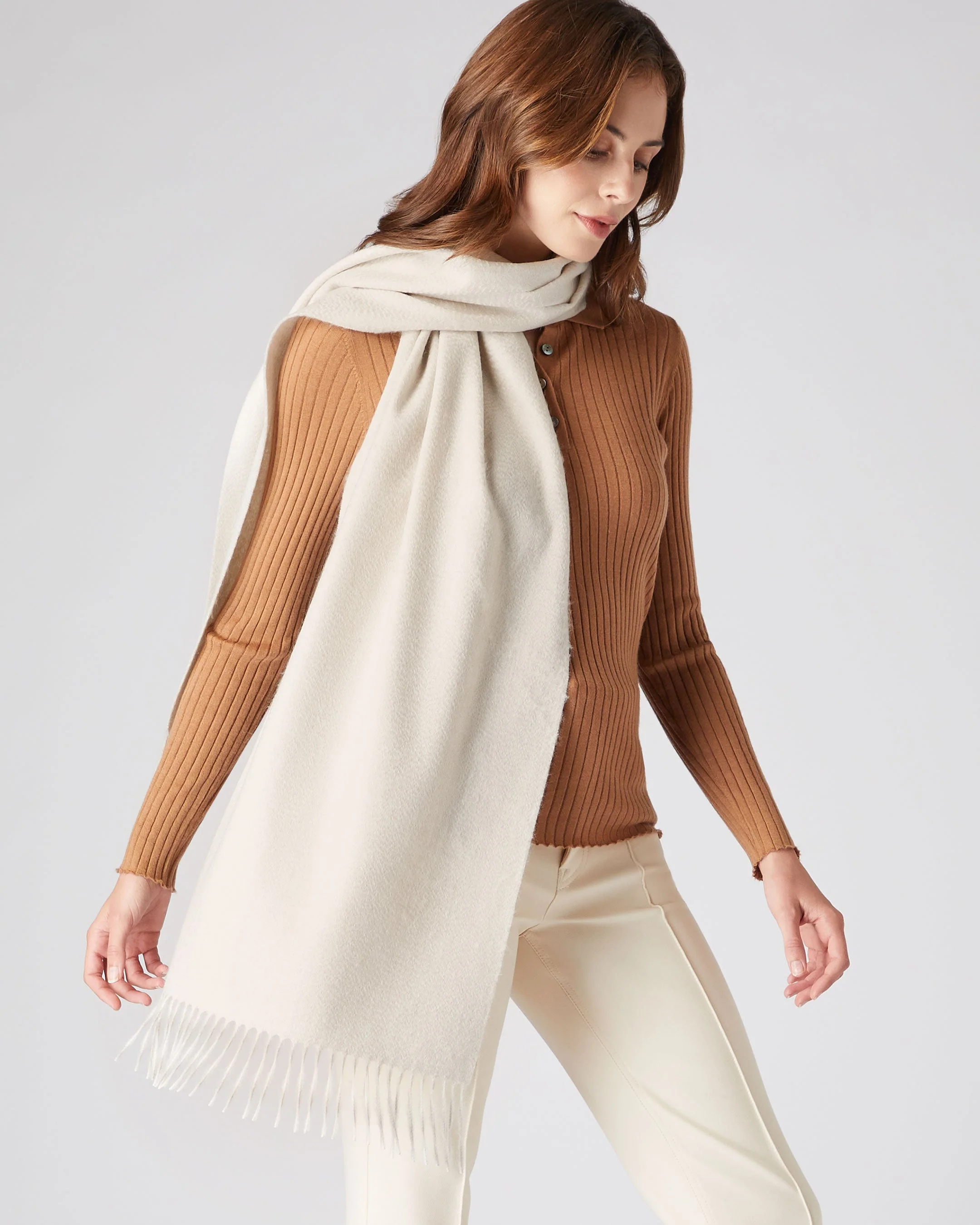 Unisex Large Woven Cashmere Scarf Ecru White - Image 2