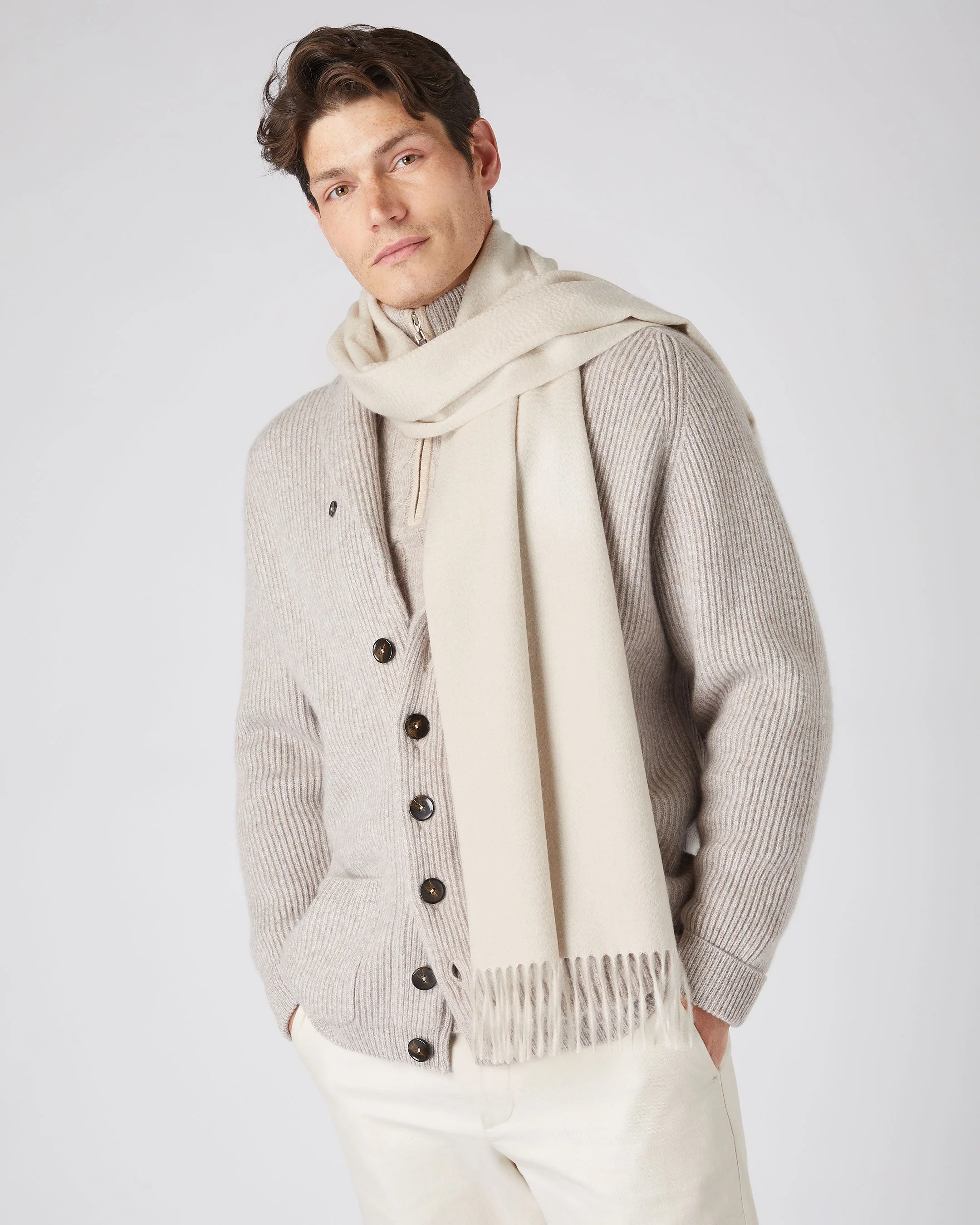 Unisex Large Woven Cashmere Scarf Ecru White - Image 3