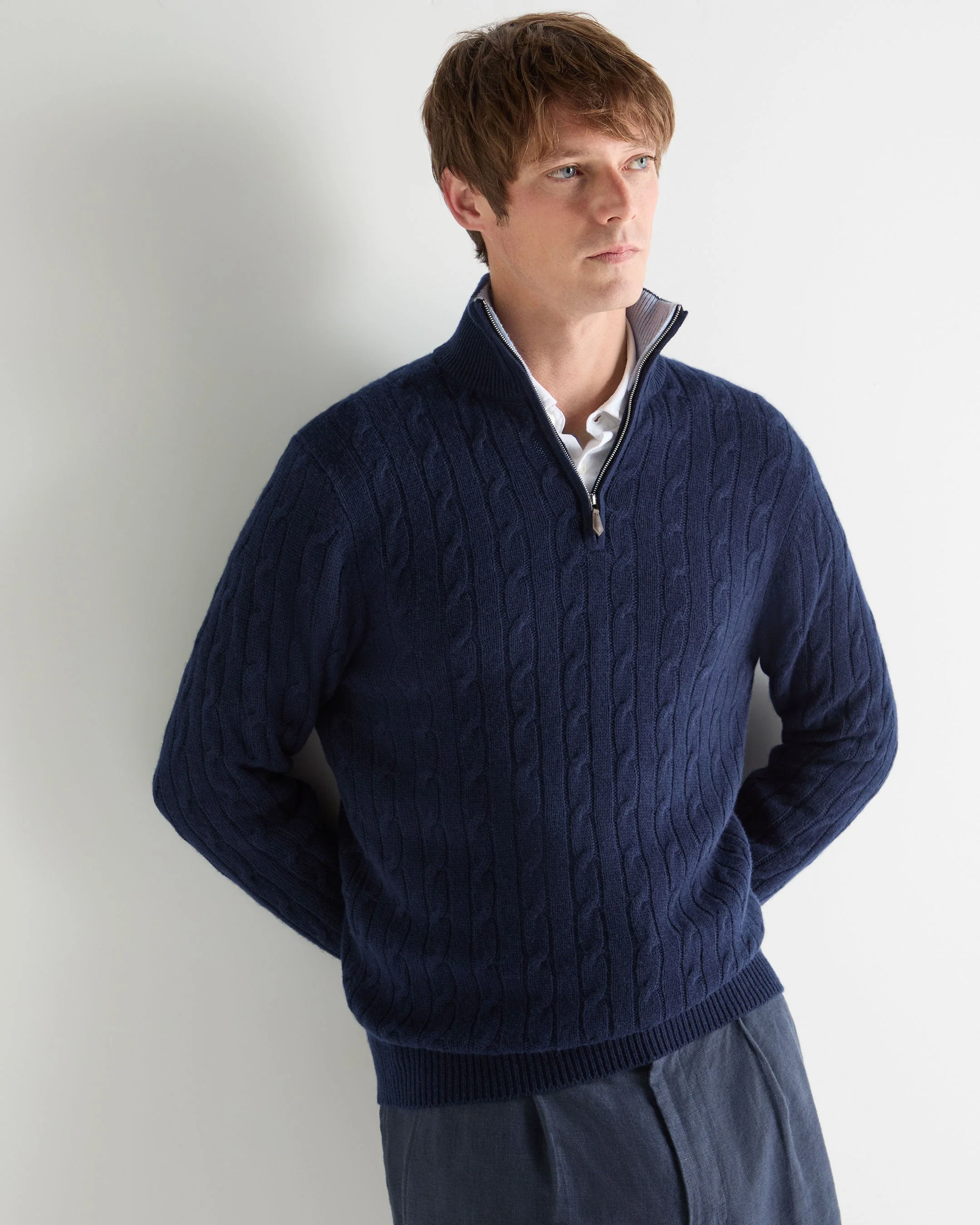 Men's Albemarle Cable Half Zip Cashmere Sweater Deep French Blue