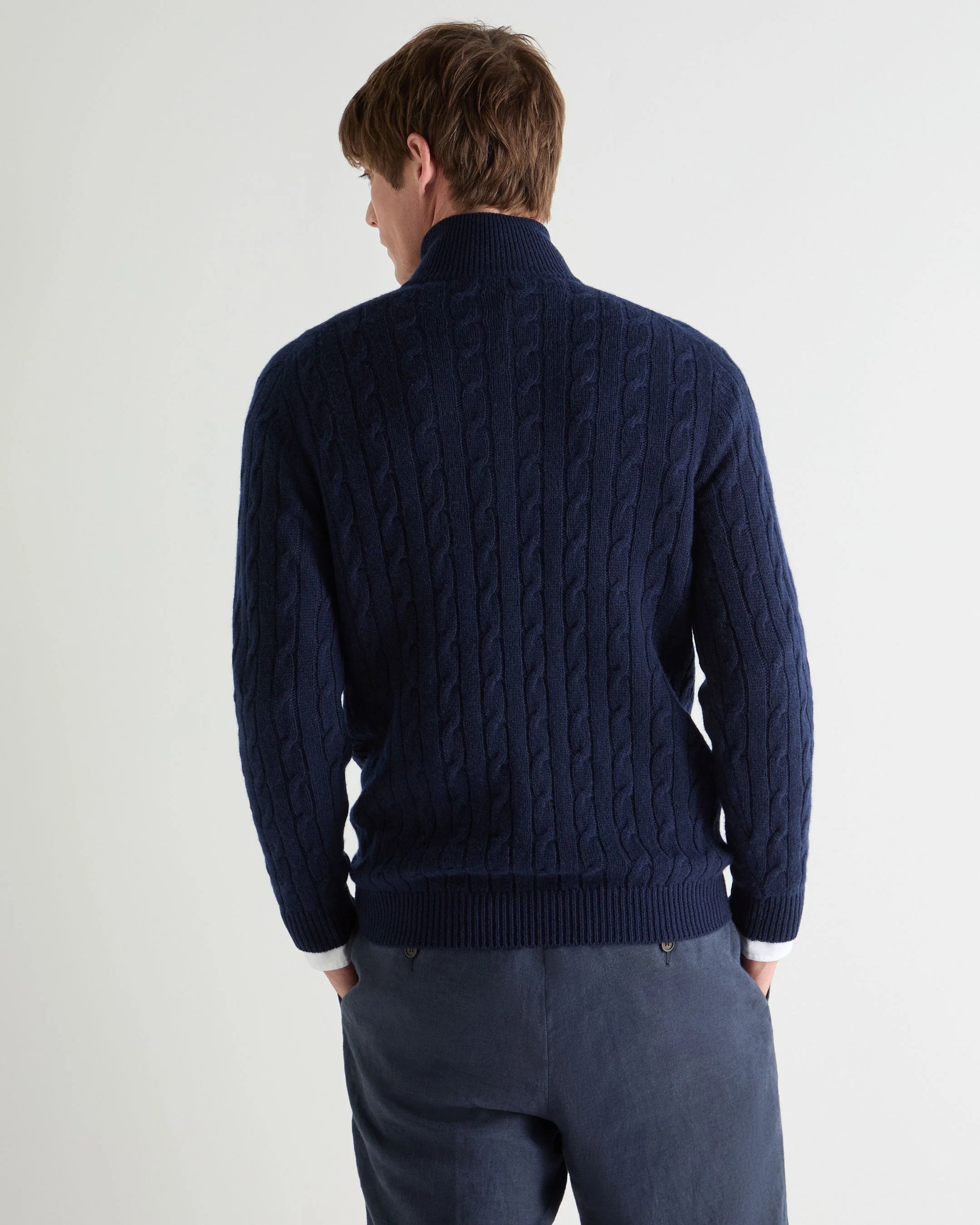 Men's Albemarle Cable Half Zip Cashmere Sweater Deep French Blue - Image 4