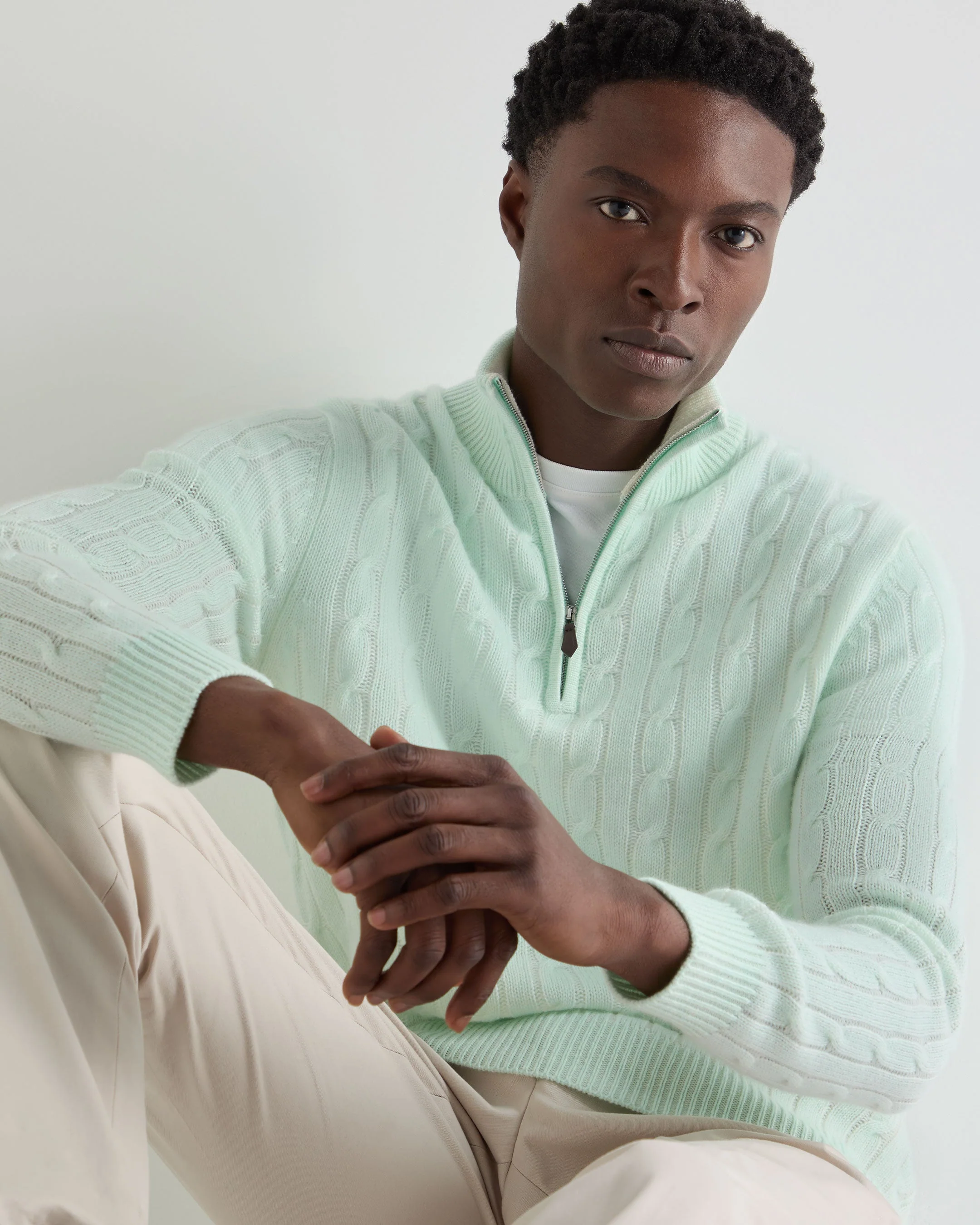 Men's Albemarle Cable Half Zip Cashmere Sweater Mint Green