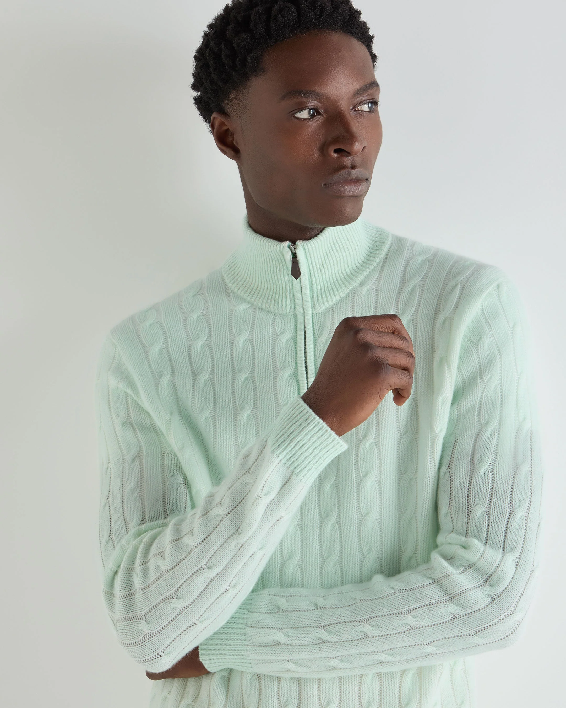 Men's Albemarle Cable Half Zip Cashmere Sweater Mint Green - Image 5