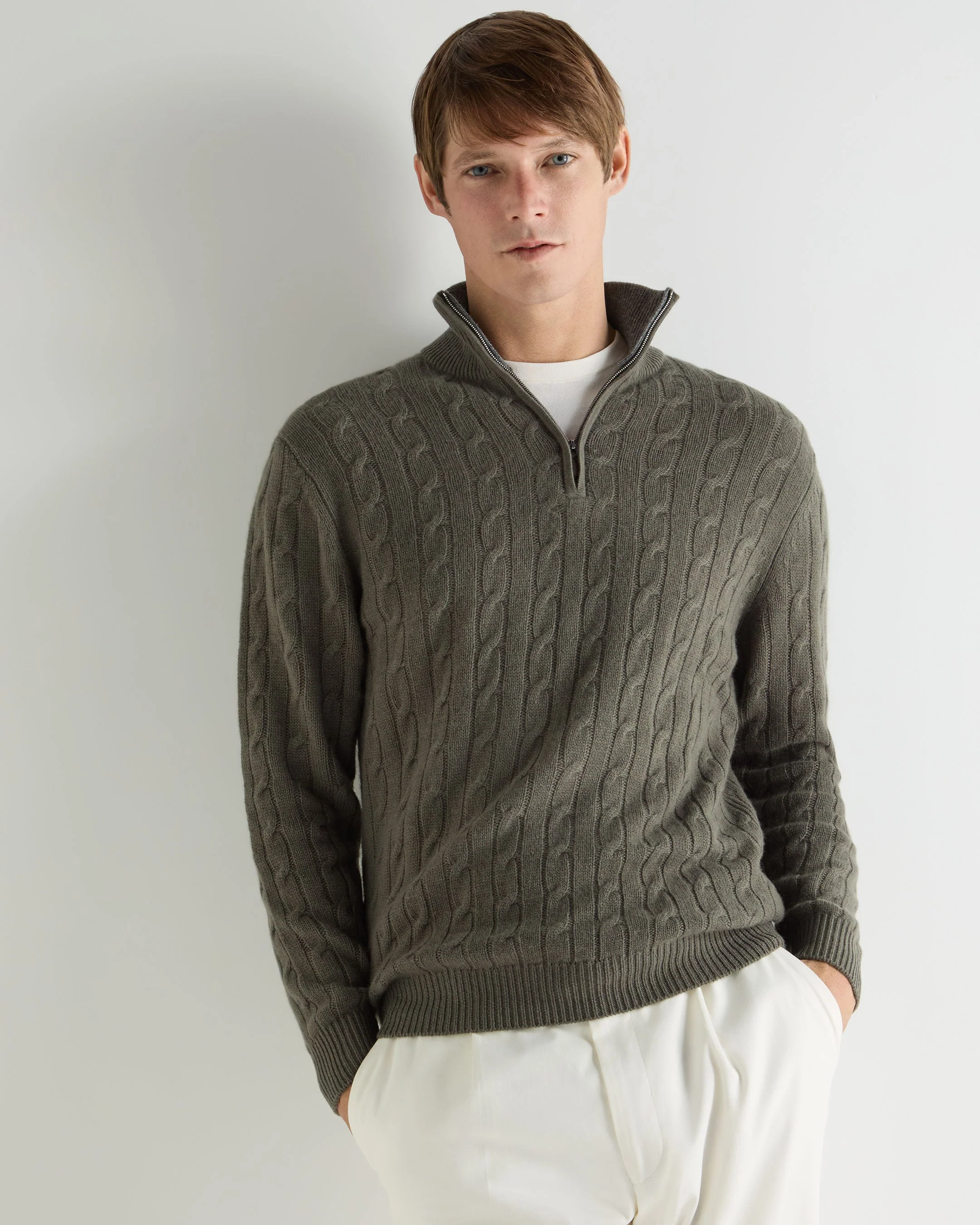Men's Albemarle Cable Half Zip Cashmere Sweater Olive Green