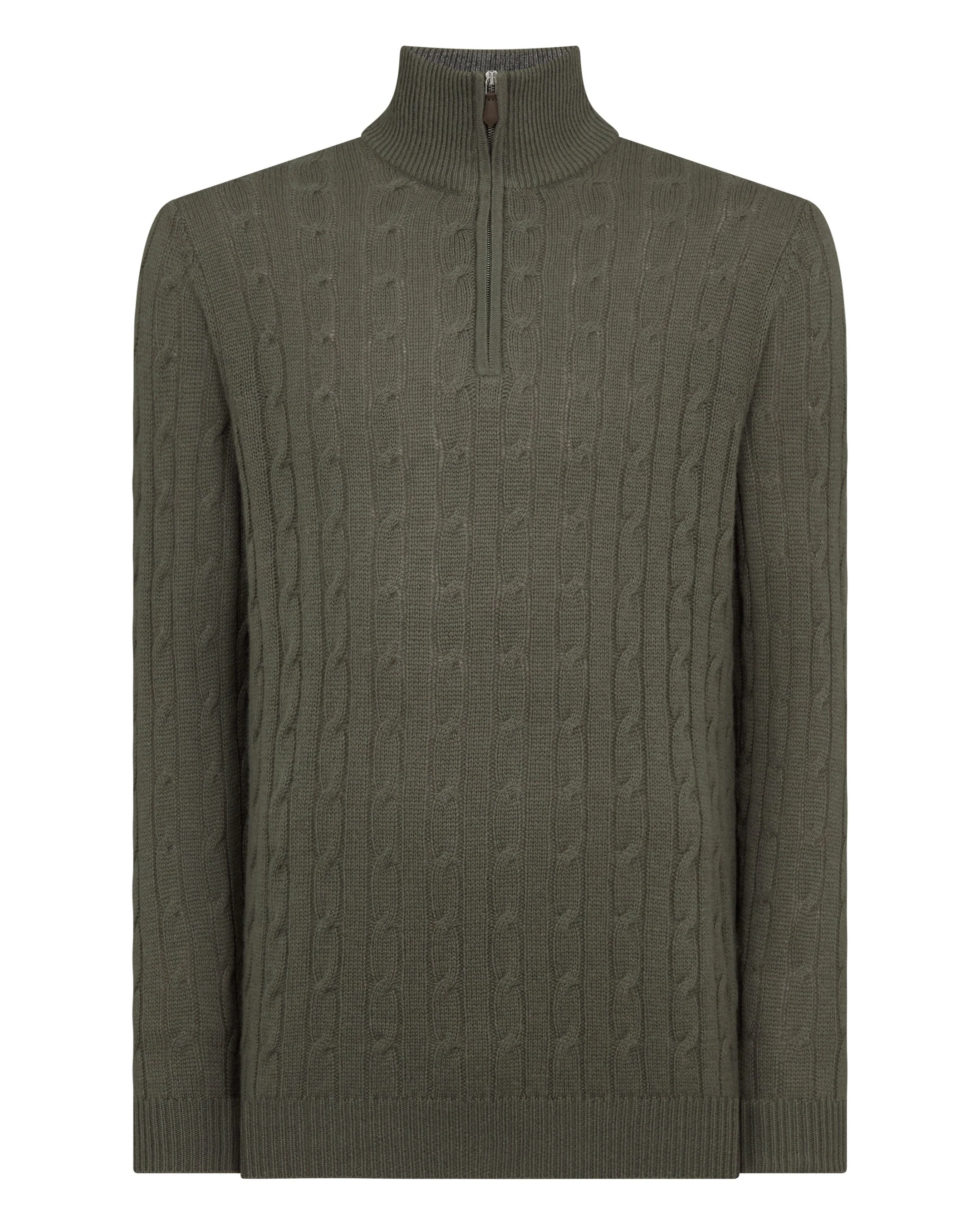 Men's Albemarle Cable Half Zip Cashmere Sweater Olive Green - Image 2