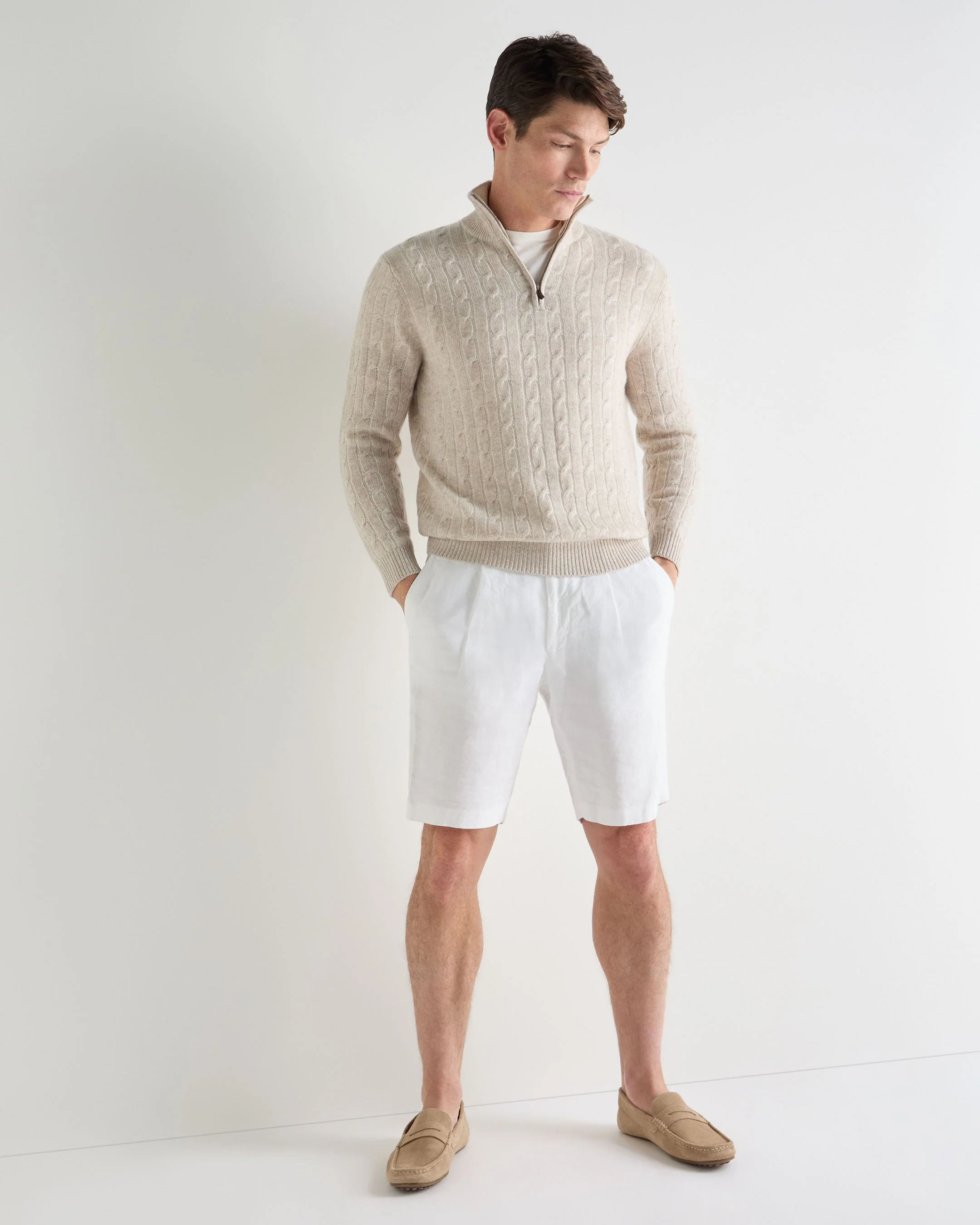 Men's Albemarle Cable Half Zip Cashmere Sweater Sand Brown - Image 3