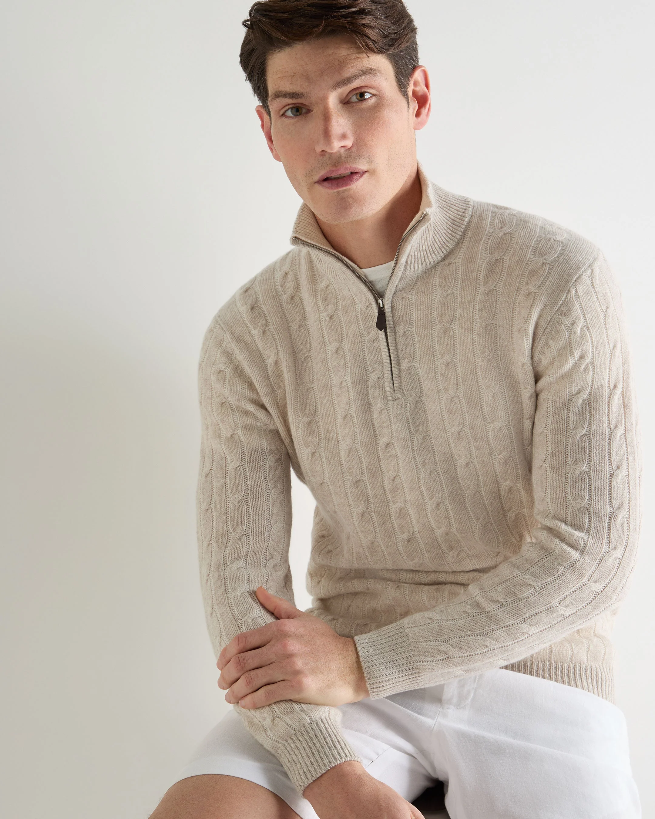 Men's Albemarle Cable Half Zip Cashmere Sweater Sand Brown - Image 5