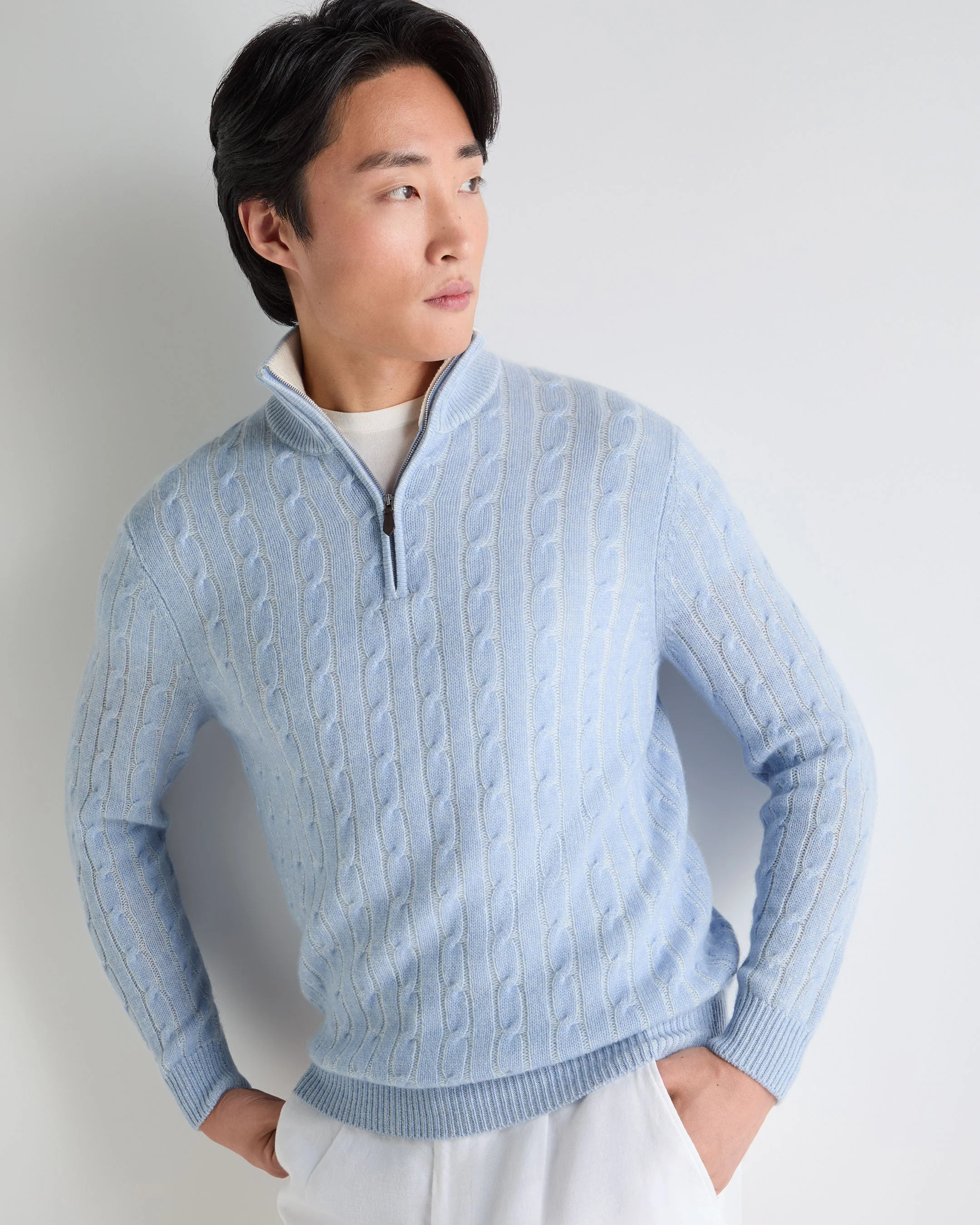 Men's Albemarle Cable Half Zip Cashmere Sweater Sea Mist Blue