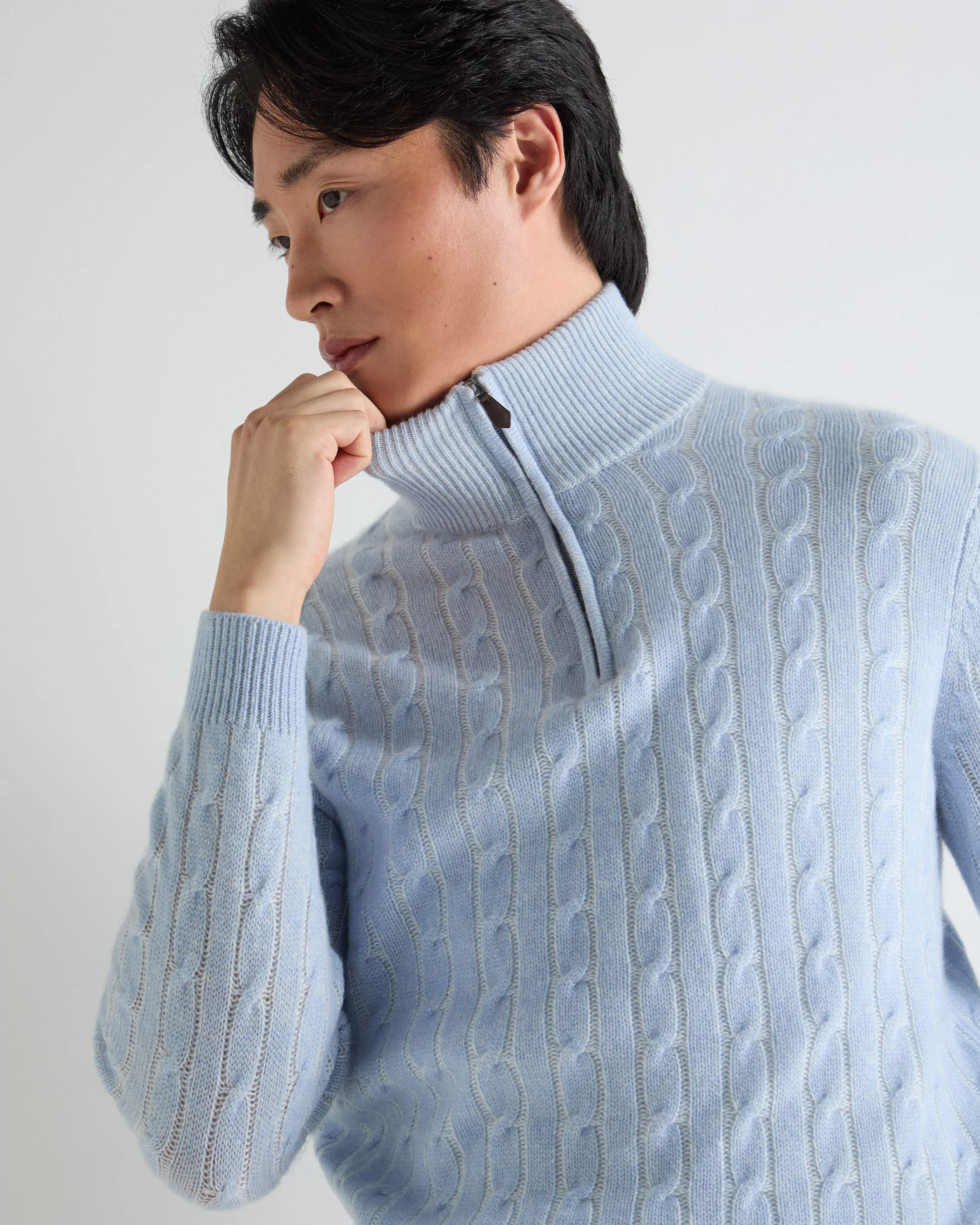 Men's Albemarle Cable Half Zip Cashmere Sweater Sea Mist Blue - Image 5