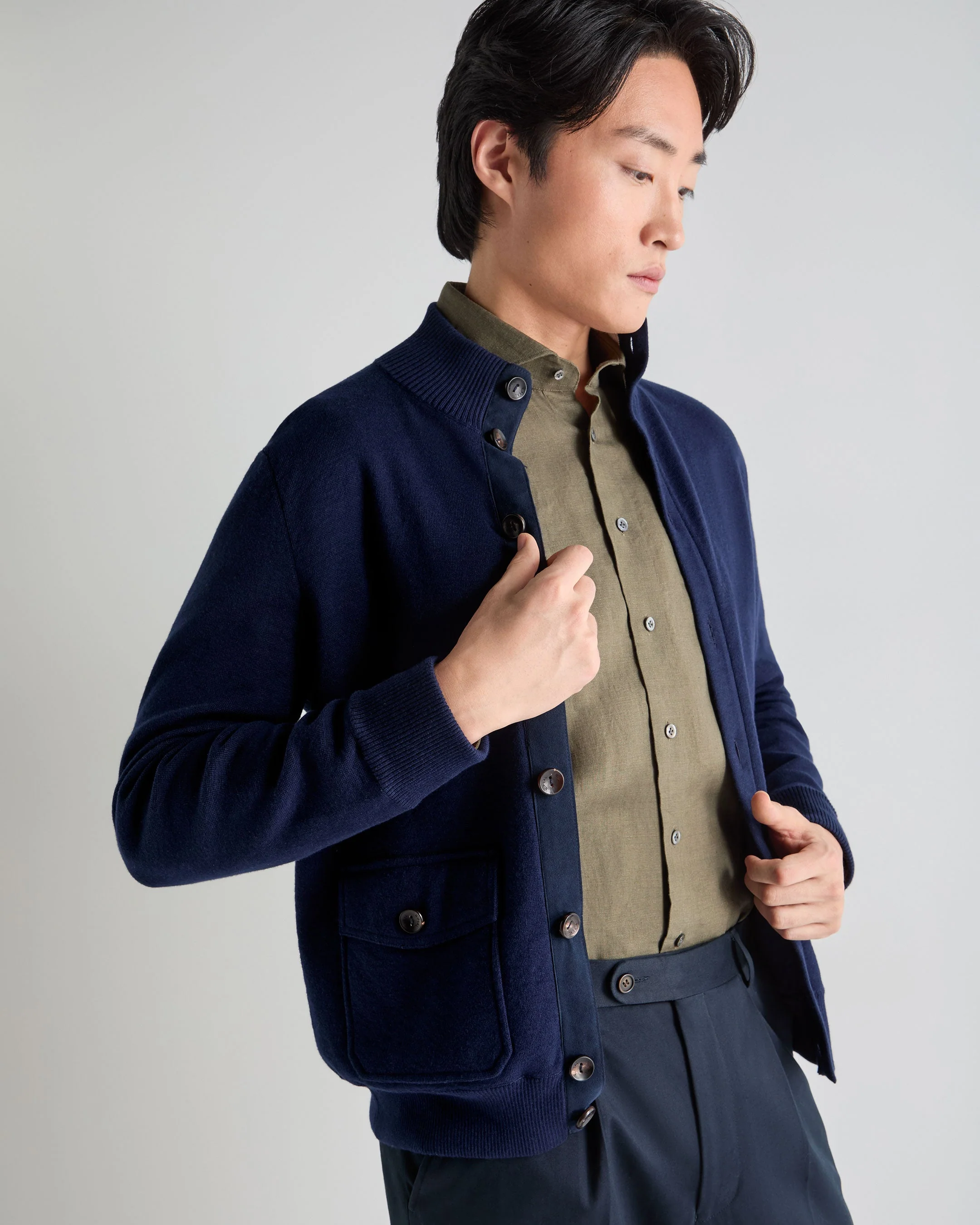 Men's Button Through Cotton Blend Bomber Deep French Blue