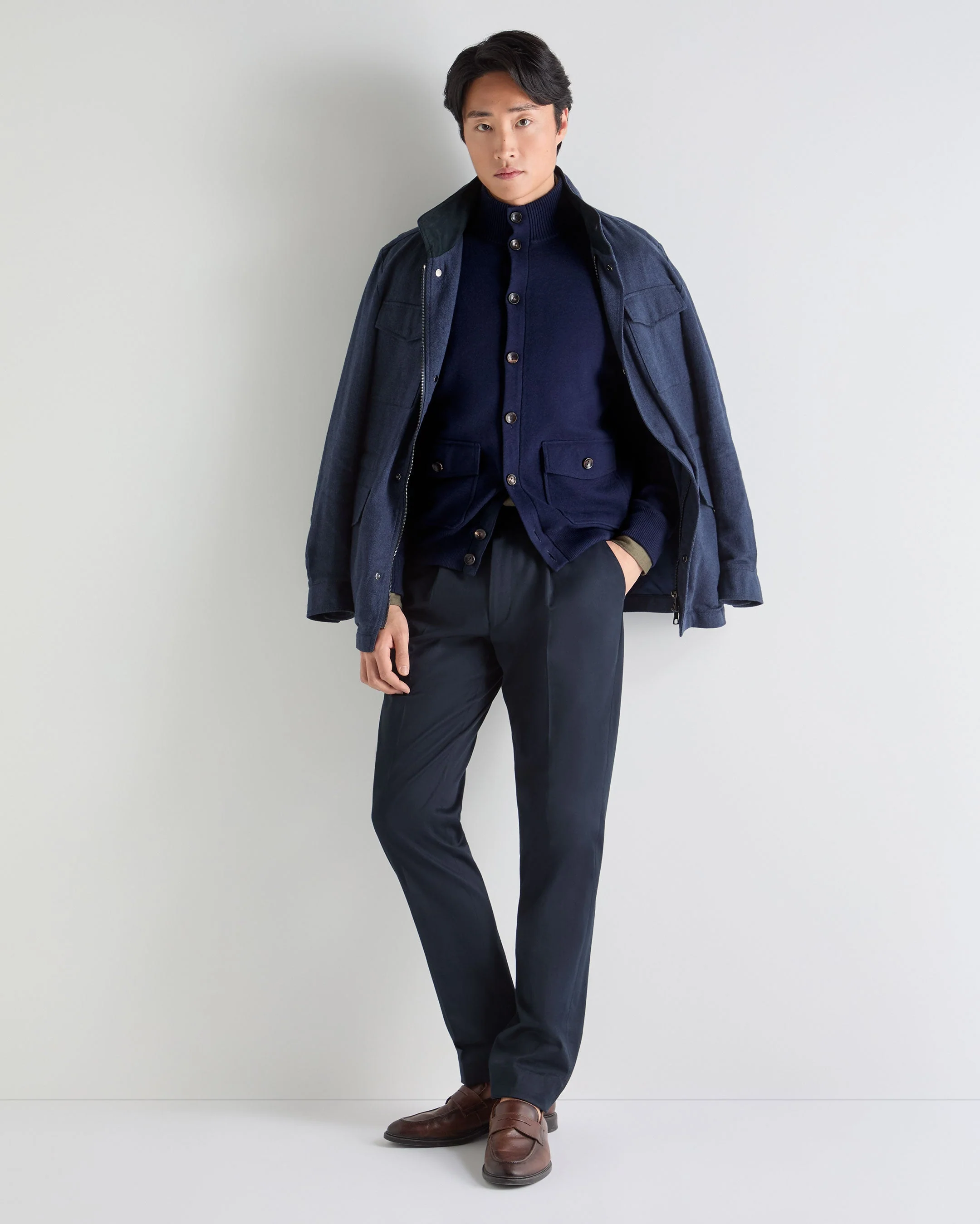 Men's Button Through Cotton Blend Bomber Deep French Blue - Image 3