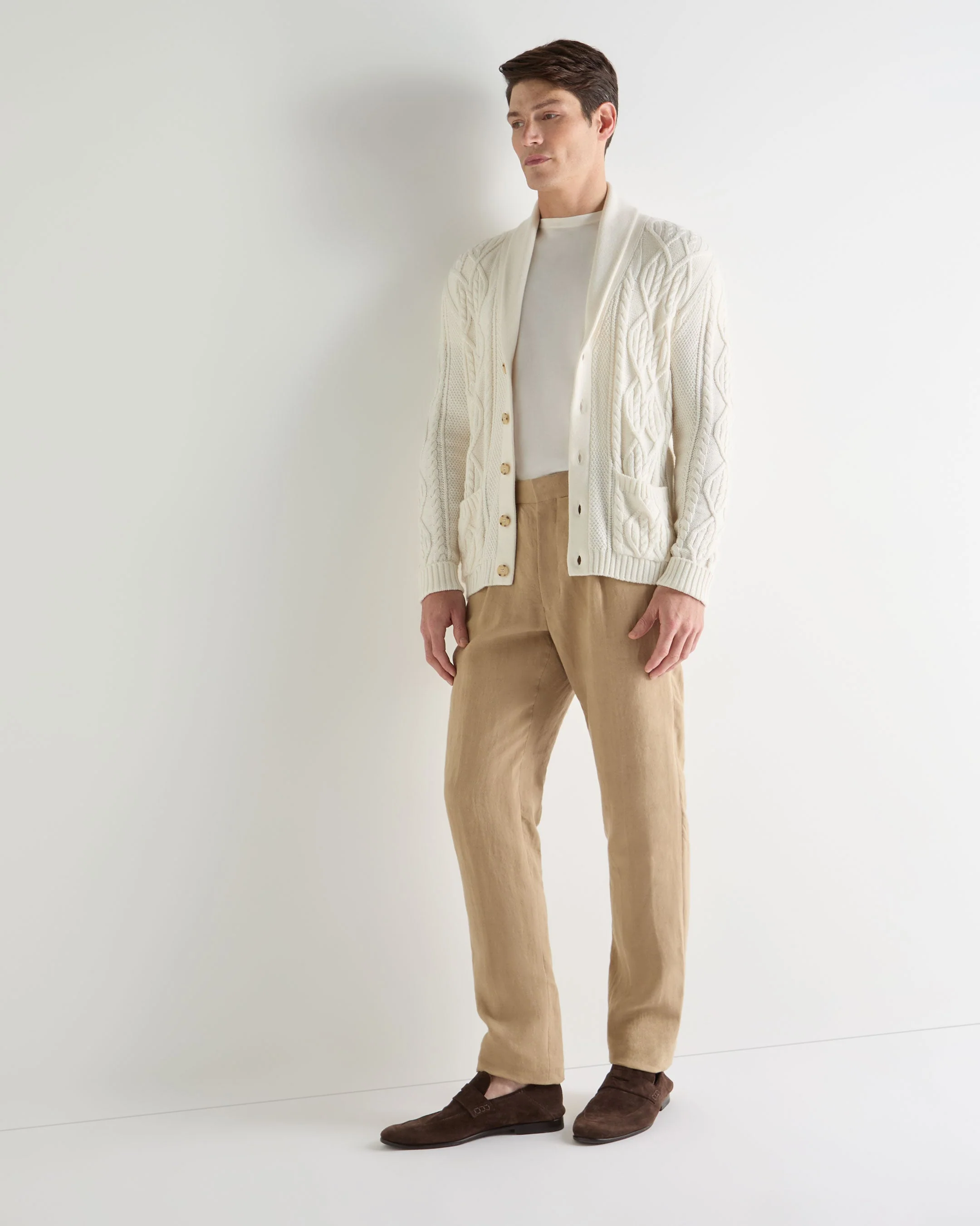 Men's Cable Shawl Cotton Blend Cardigan New Ivory White - Image 3