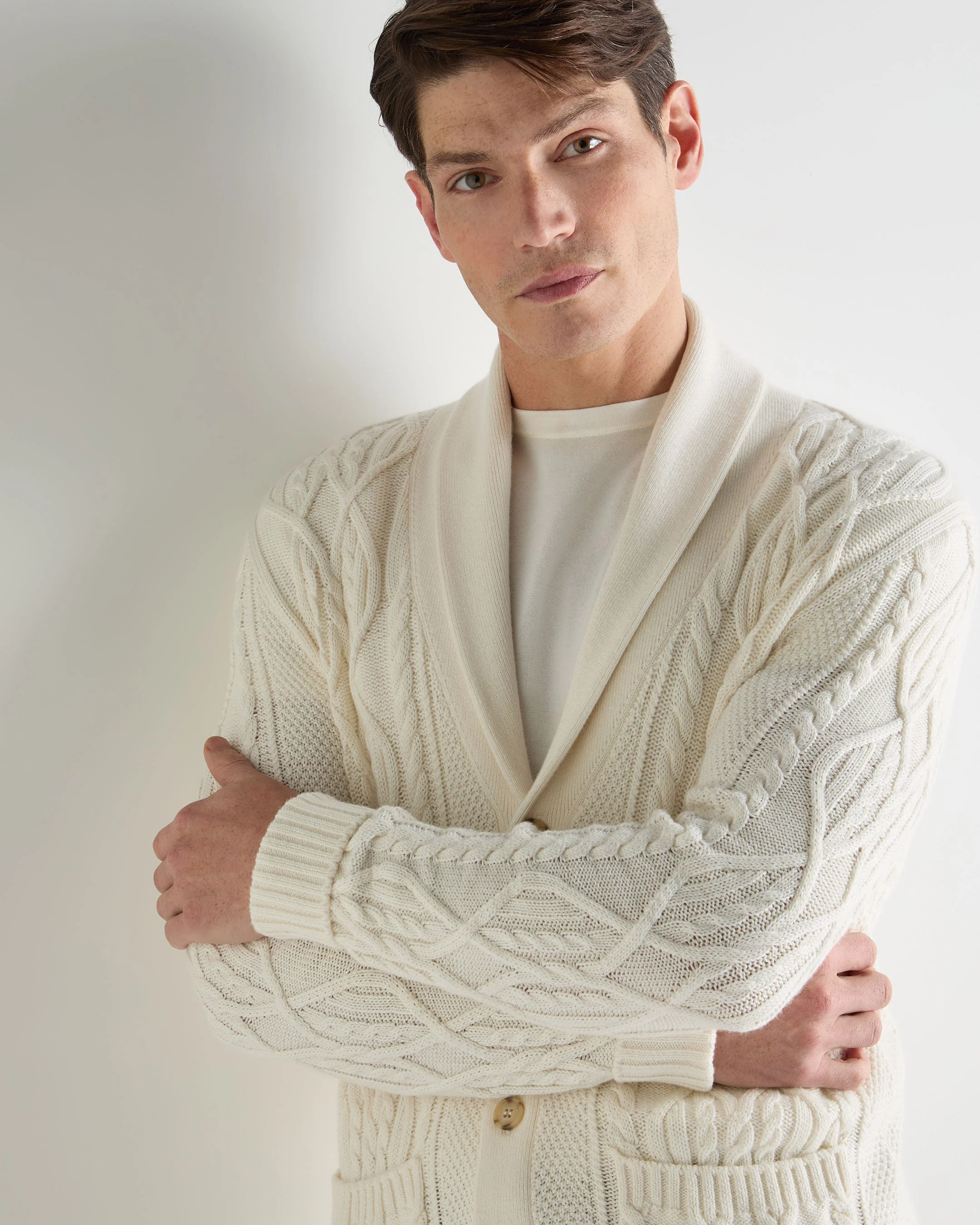 Men's Cable Shawl Cotton Blend Cardigan New Ivory White - Image 5