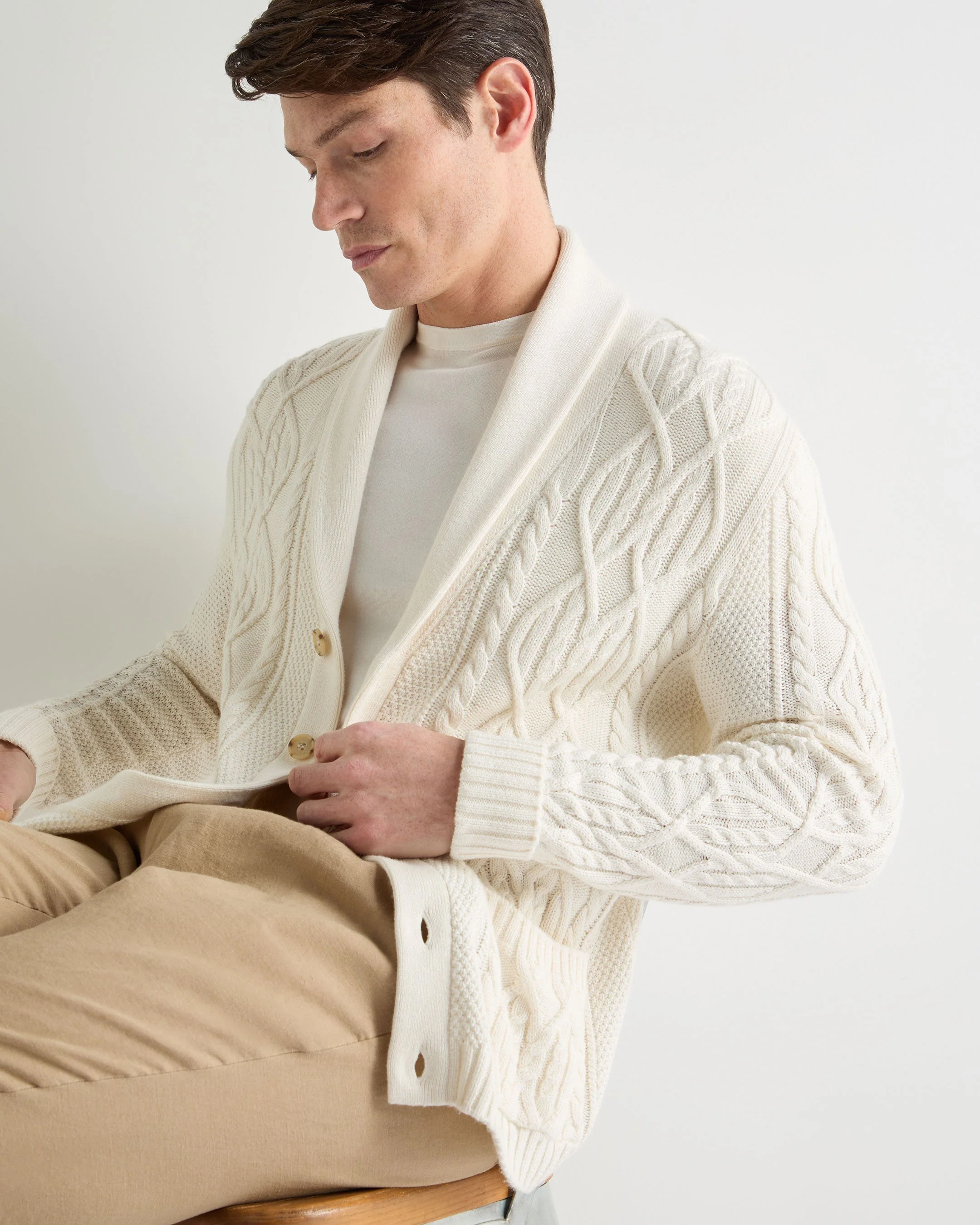 Men's Cable Shawl Cotton Blend Cardigan New Ivory White - Image 6