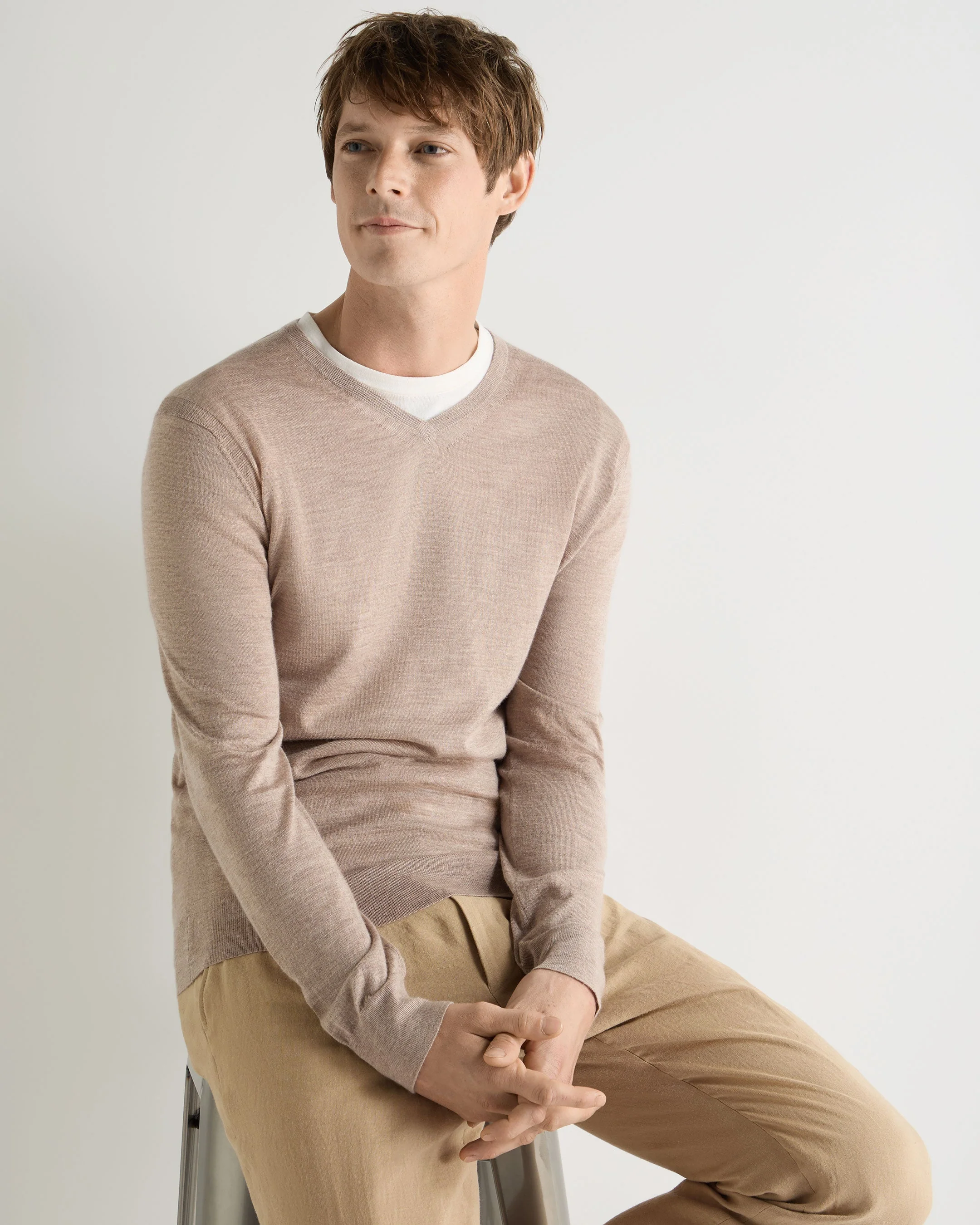 Men's Conduit Fine Gauge Cashmere V Neck Sweater Soft Taupe Brown - Image 5