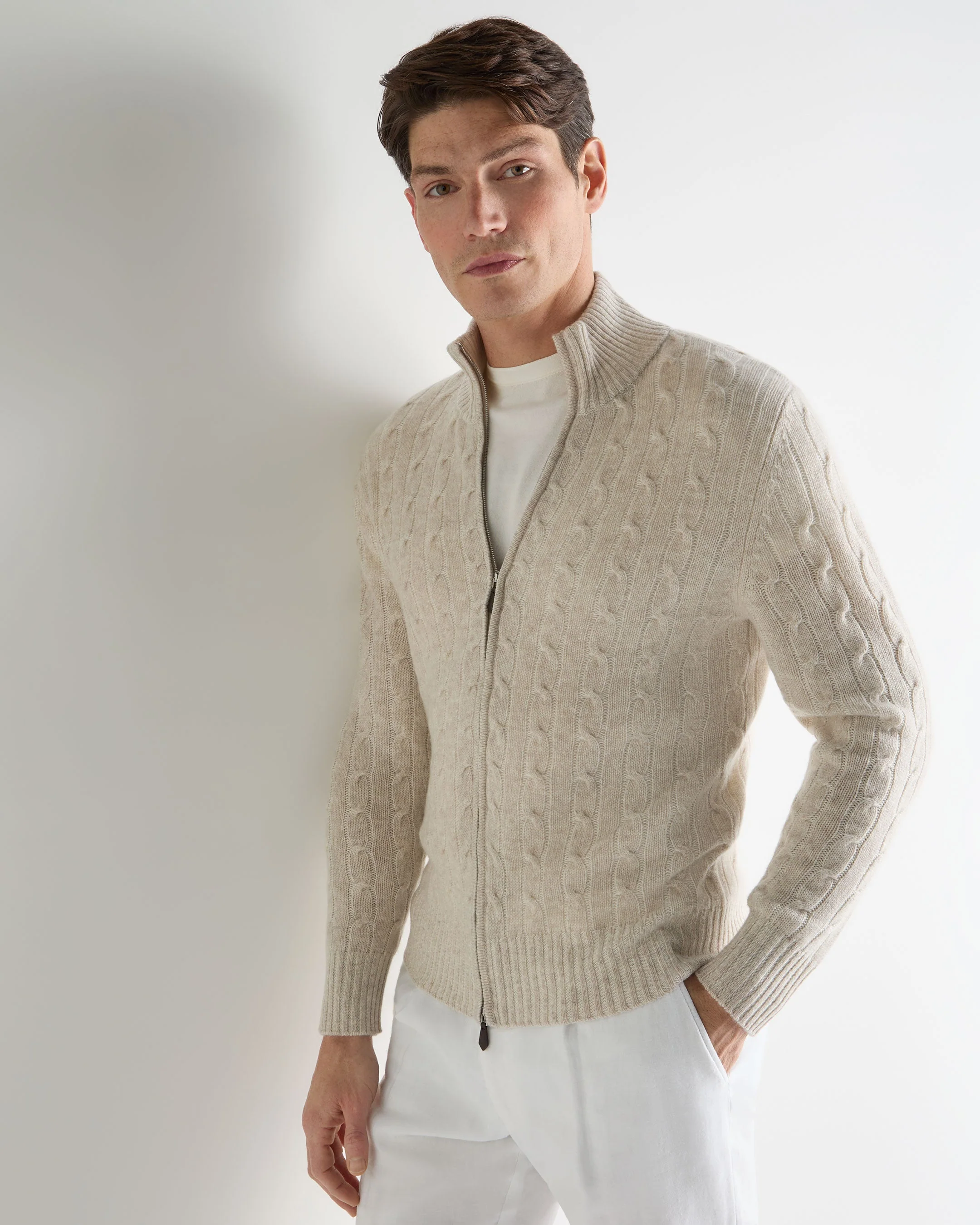 Men's Contrast Cable Full Zip Cashmere Sweater Sand Brown