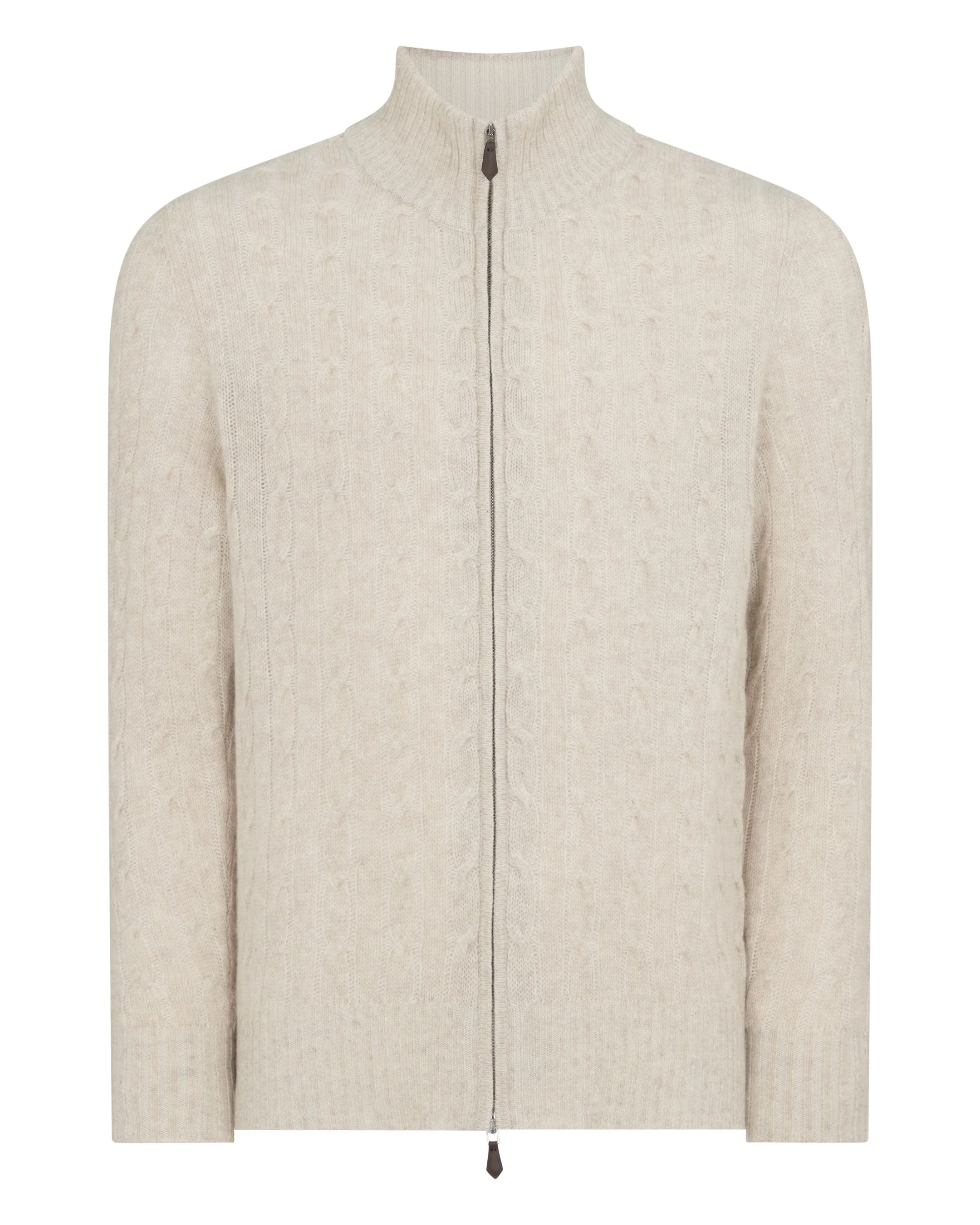 Men's Contrast Cable Full Zip Cashmere Sweater Sand Brown - Image 2