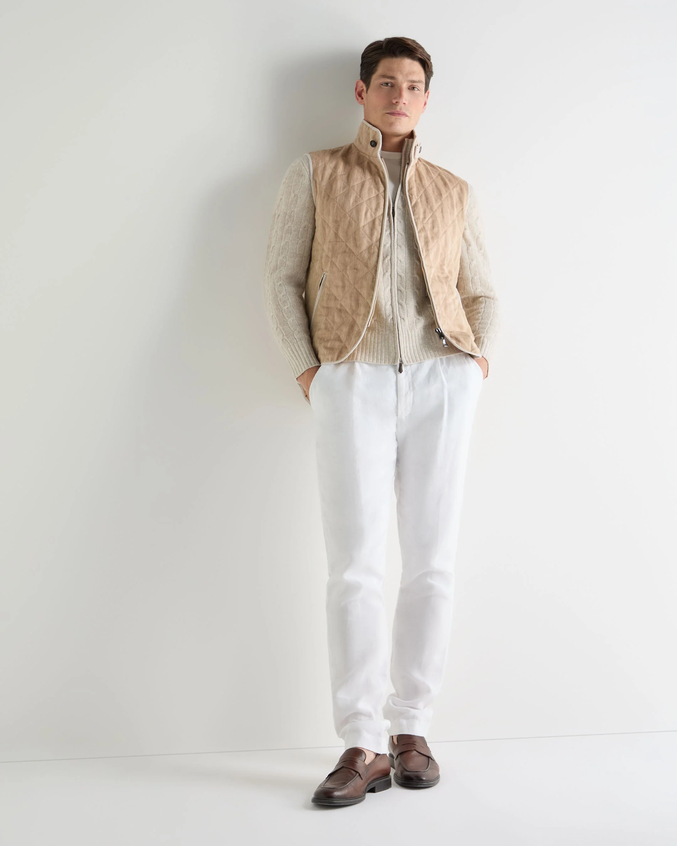 Men's Contrast Cable Full Zip Cashmere Sweater Sand Brown - Image 3