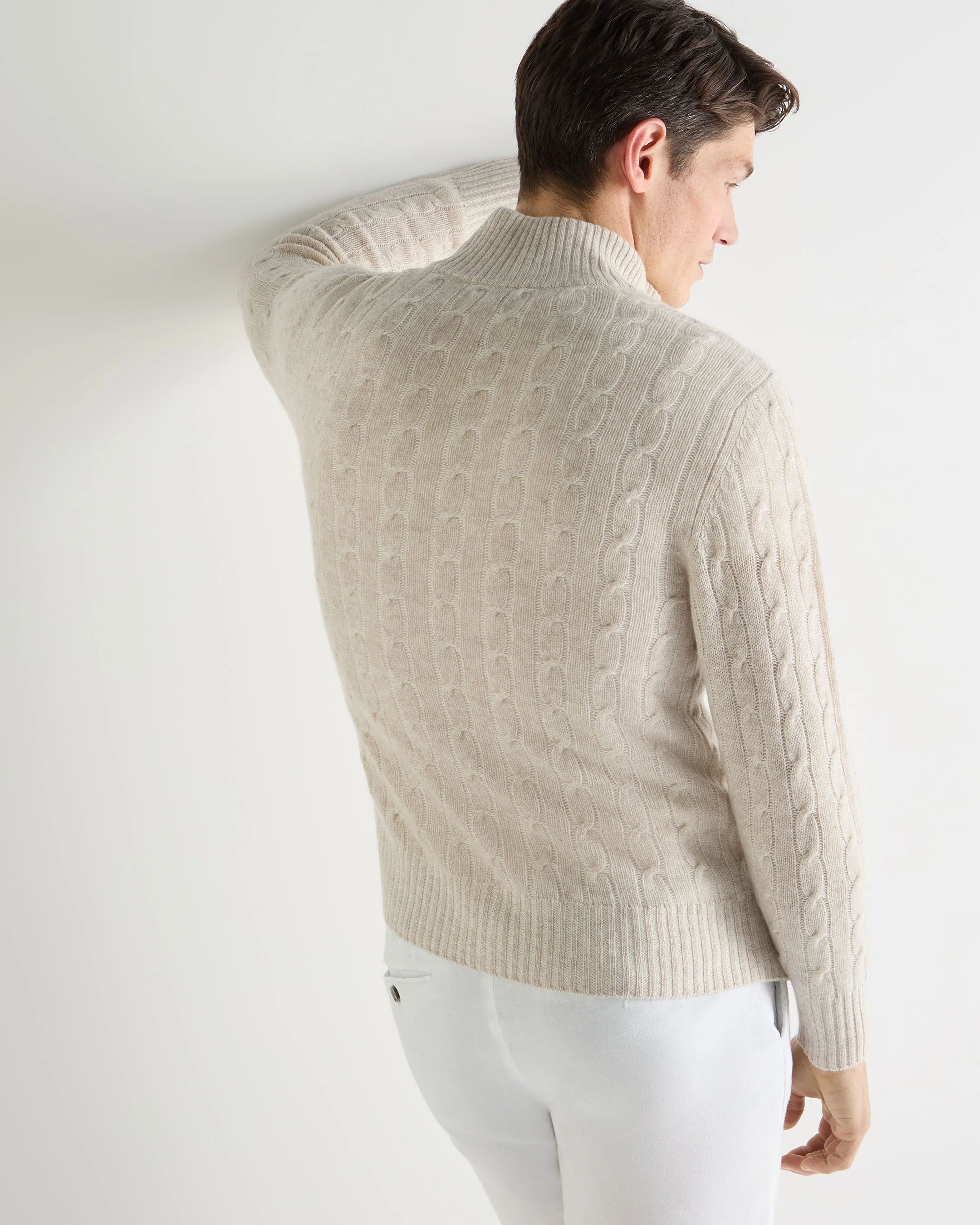 Men's Contrast Cable Full Zip Cashmere Sweater Sand Brown - Image 4