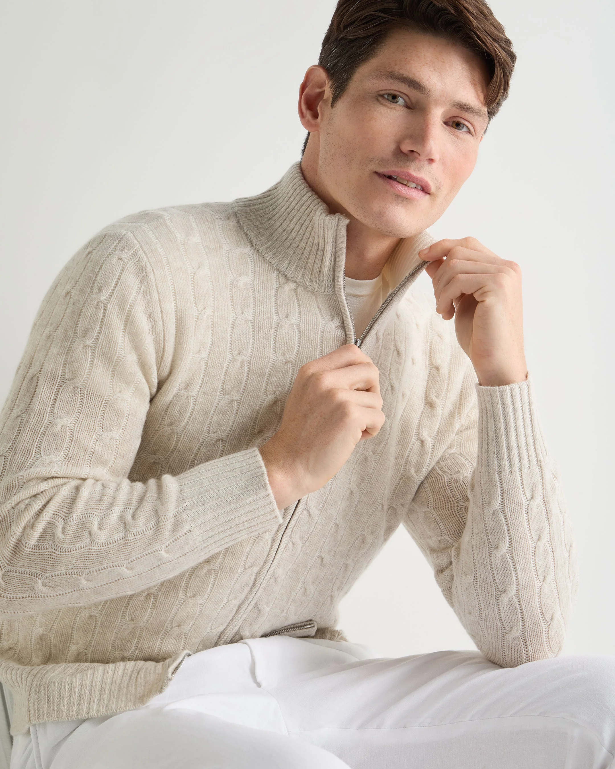 Men's Contrast Cable Full Zip Cashmere Sweater Sand Brown - Image 5