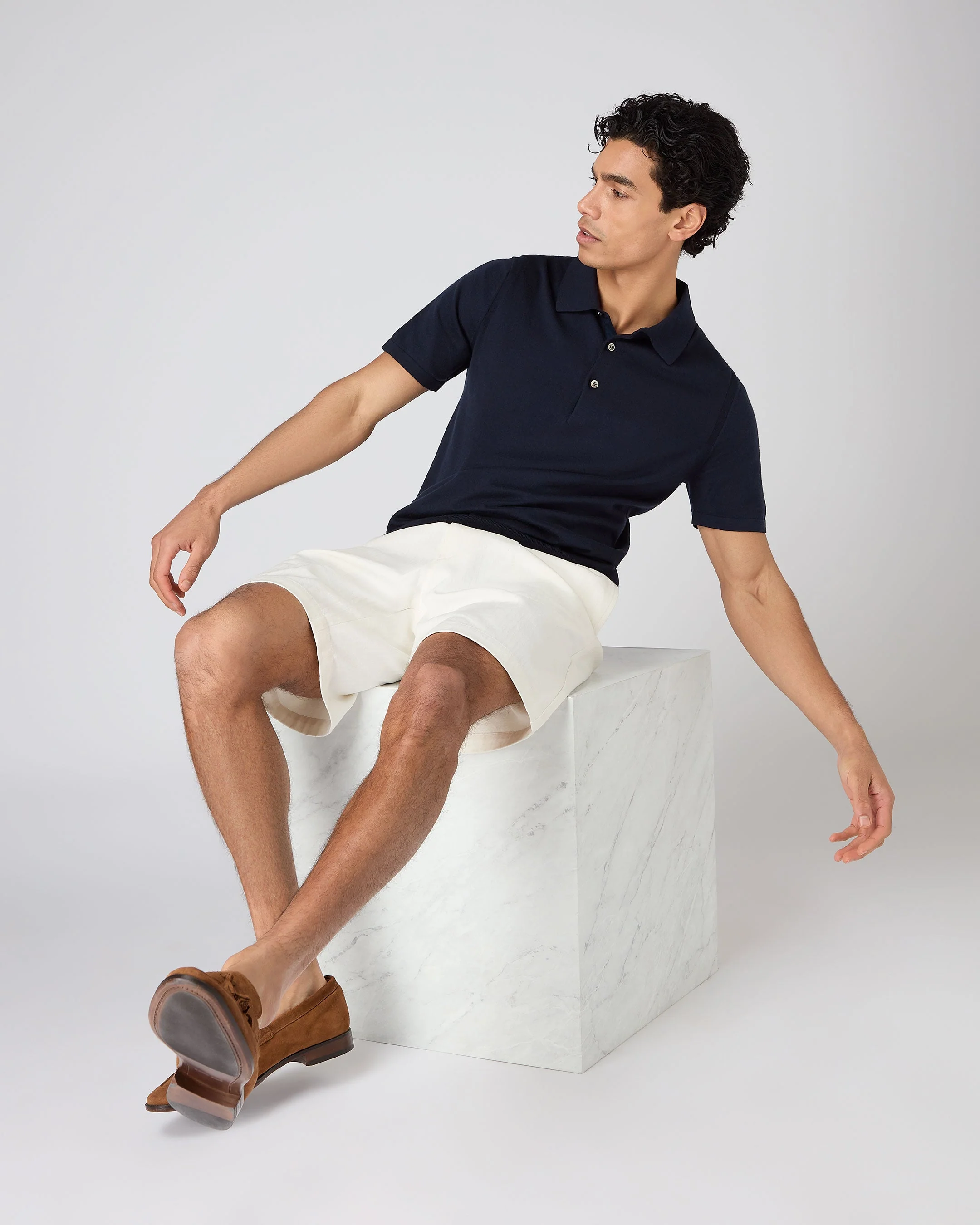 Men's Polzeath Cotton Cashmere Polo T-Shirt Navy Blue - Image 3