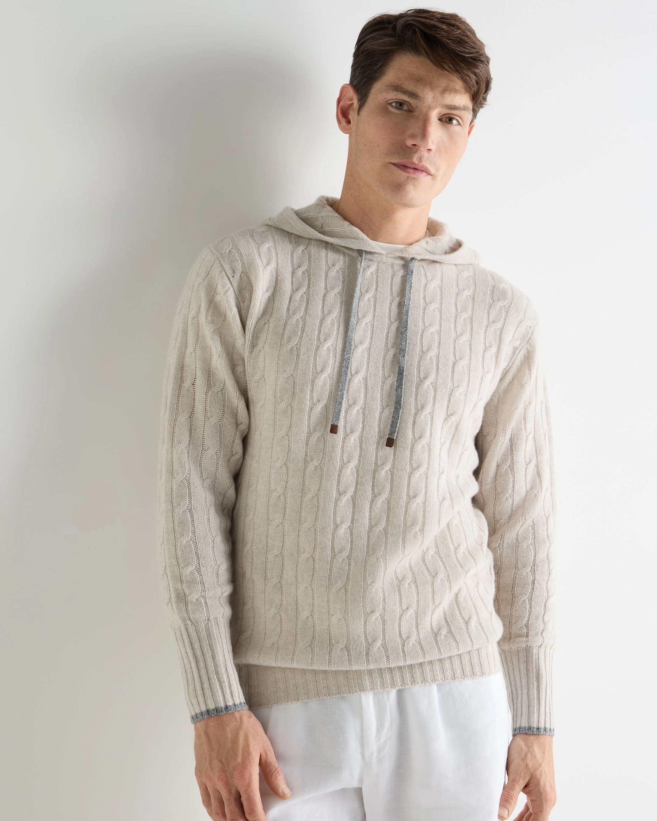 Men's Fitzrovia Cable Cashmere Hoodie Pebble Grey