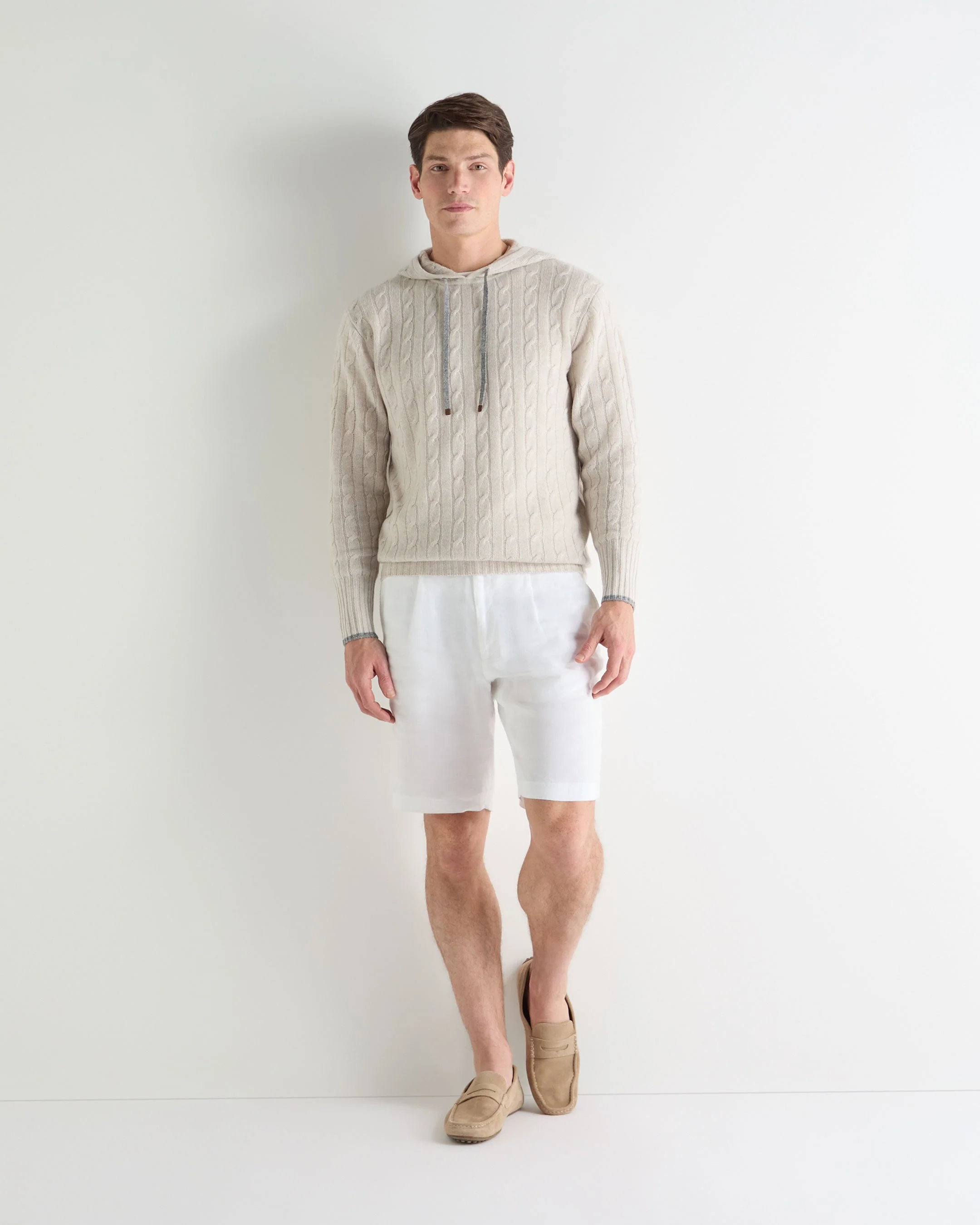 Men's Fitzrovia Cable Cashmere Hoodie Pebble Grey - Image 3