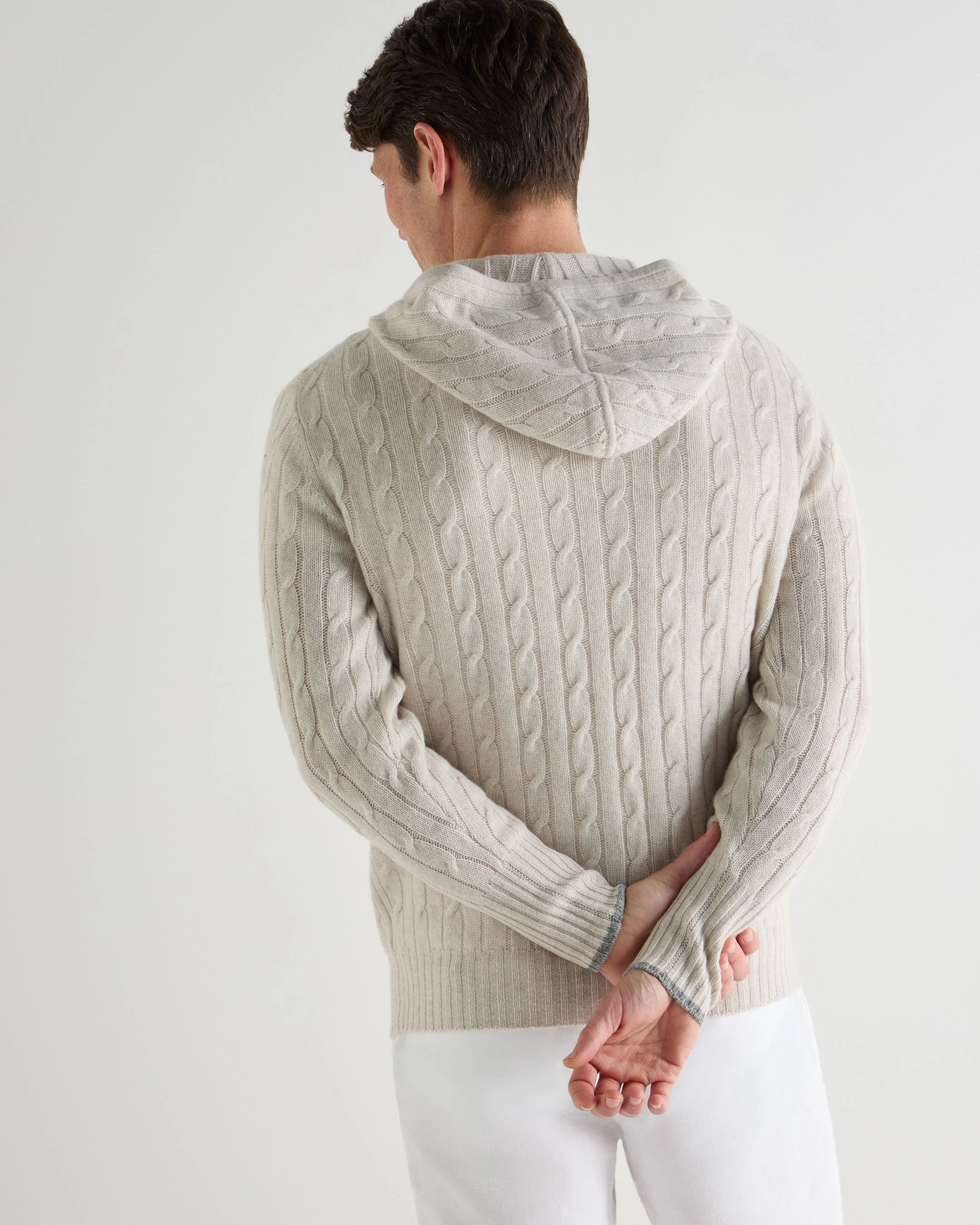 Men's Fitzrovia Cable Cashmere Hoodie Pebble Grey - Image 4