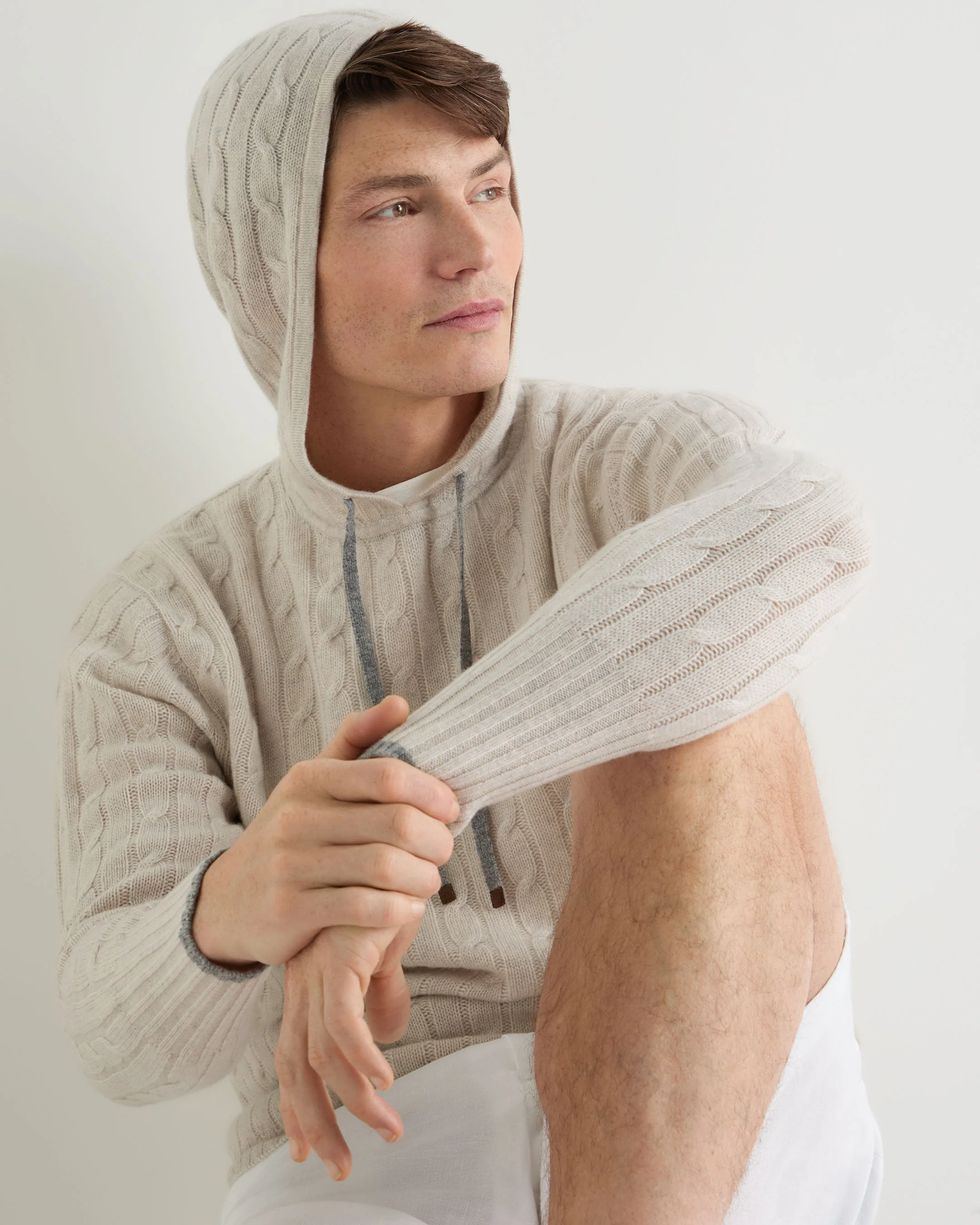 Men's Fitzrovia Cable Cashmere Hoodie Pebble Grey - Image 5