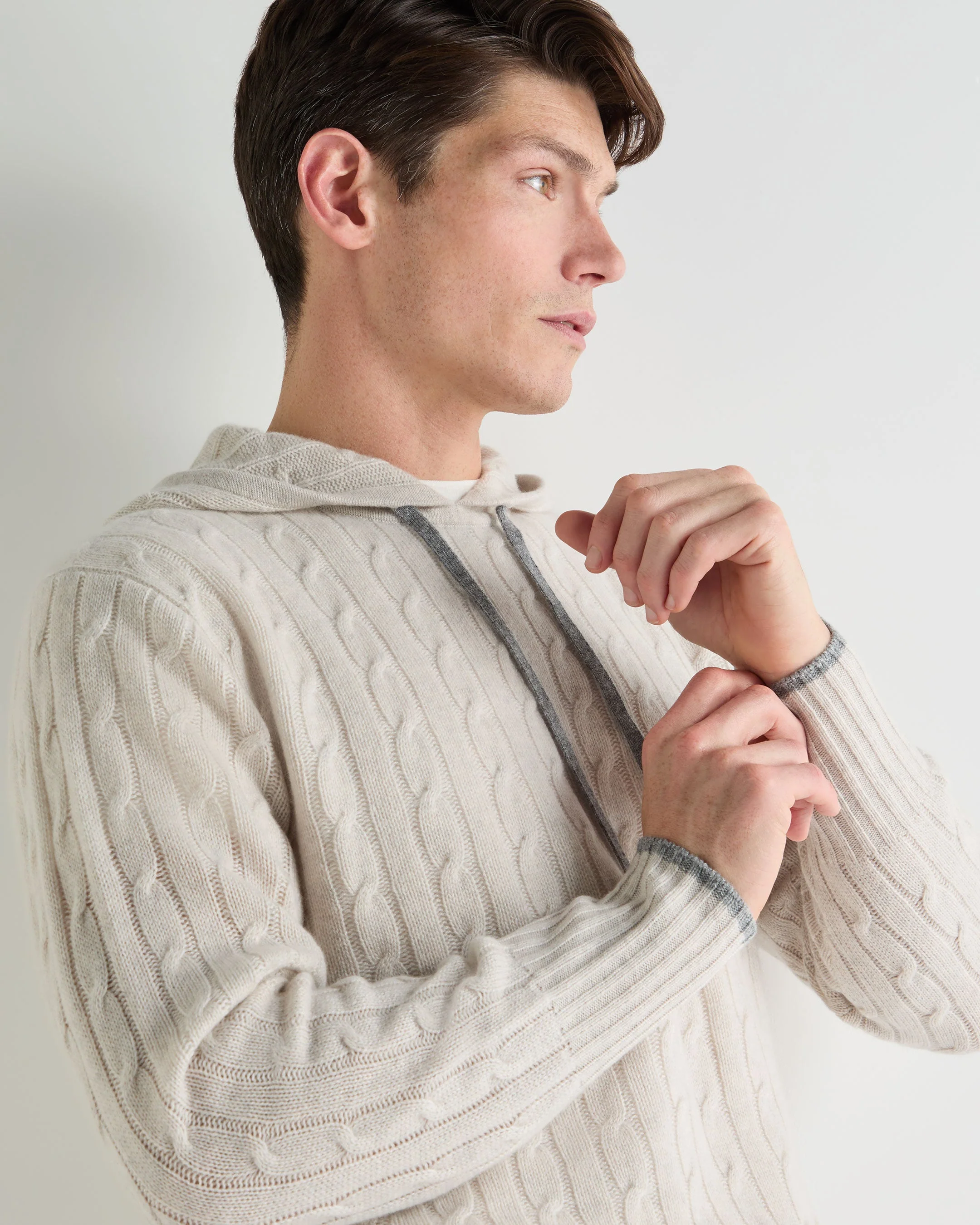 Men's Fitzrovia Cable Cashmere Hoodie Pebble Grey - Image 6