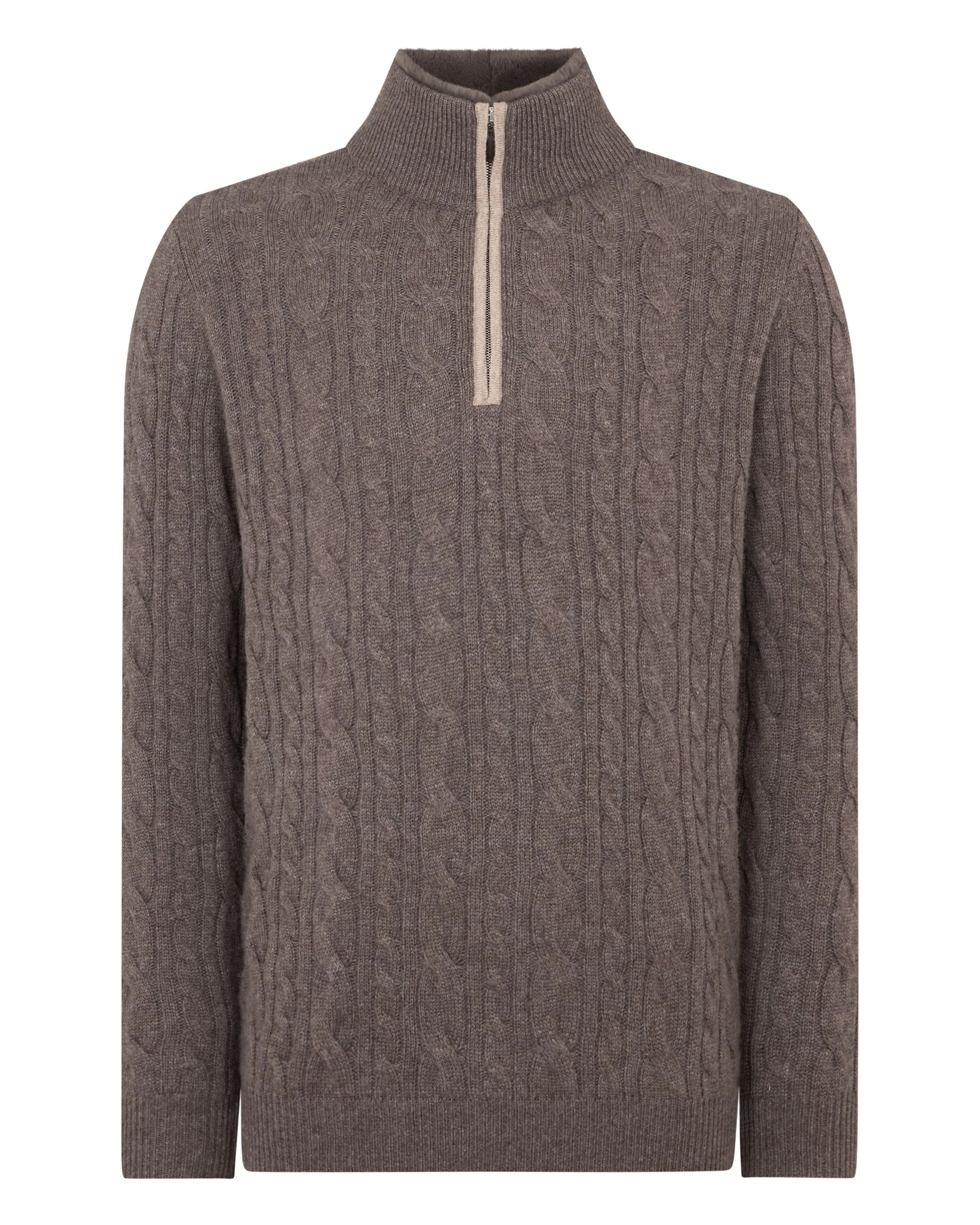 Men's Fur Trim Half Zip Cashmere Jumper Otter Brown - Image 2