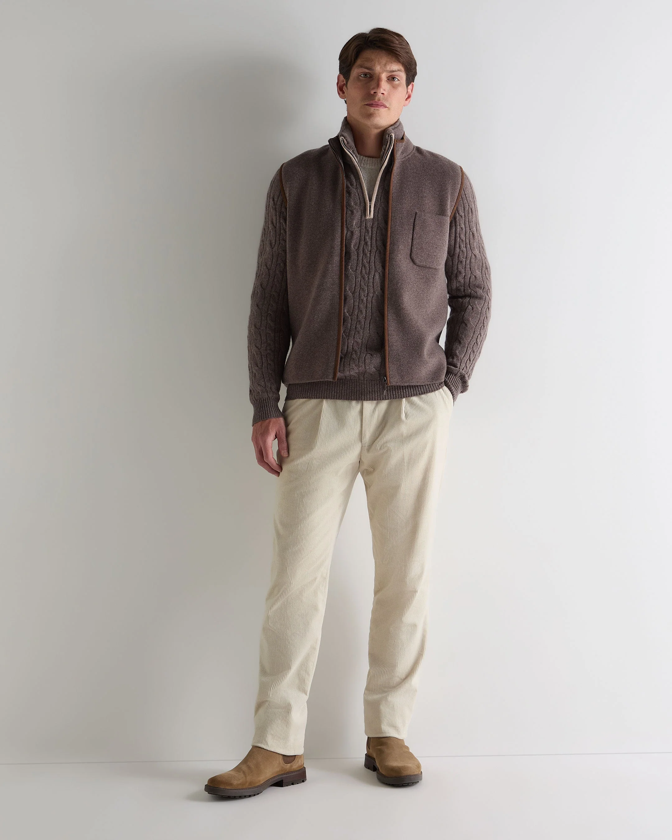 Men's Fur Trim Half Zip Cashmere Jumper Otter Brown - Image 3