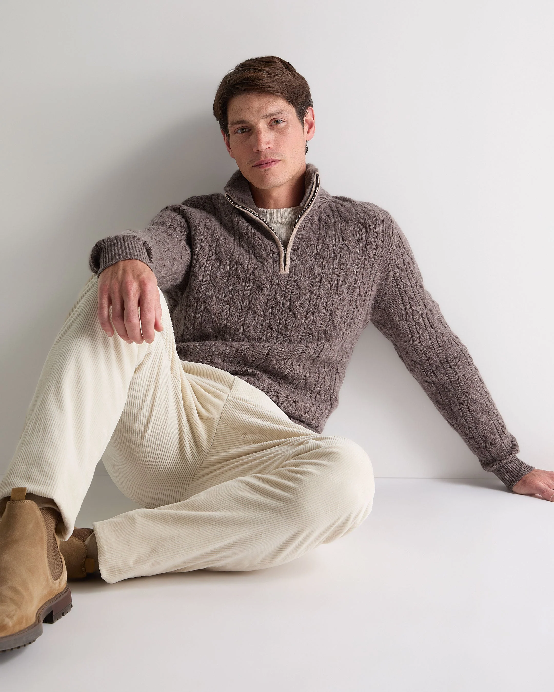 Men's Fur Trim Half Zip Cashmere Jumper Otter Brown - Image 6