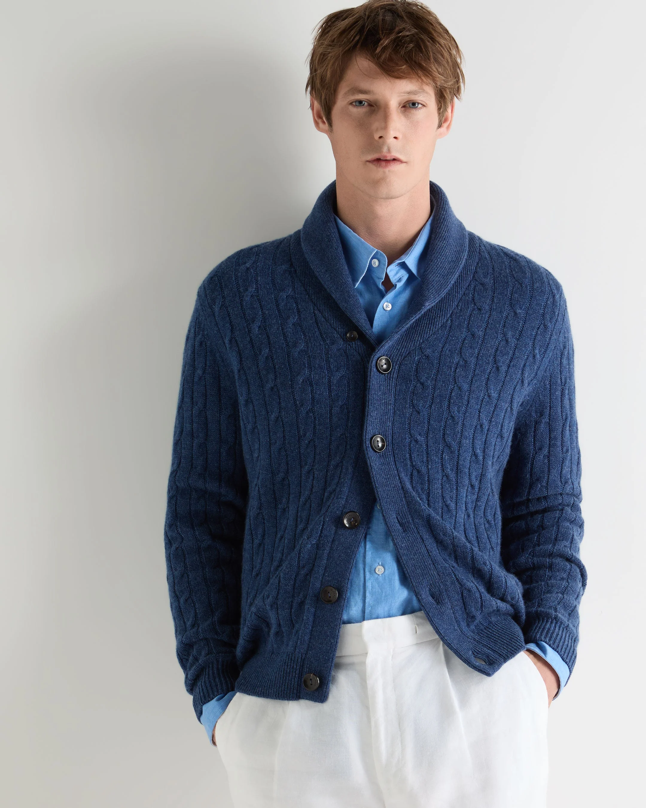 Men's Garrick Shawl Cable Cashmere Cardigan Bright Denim Blue