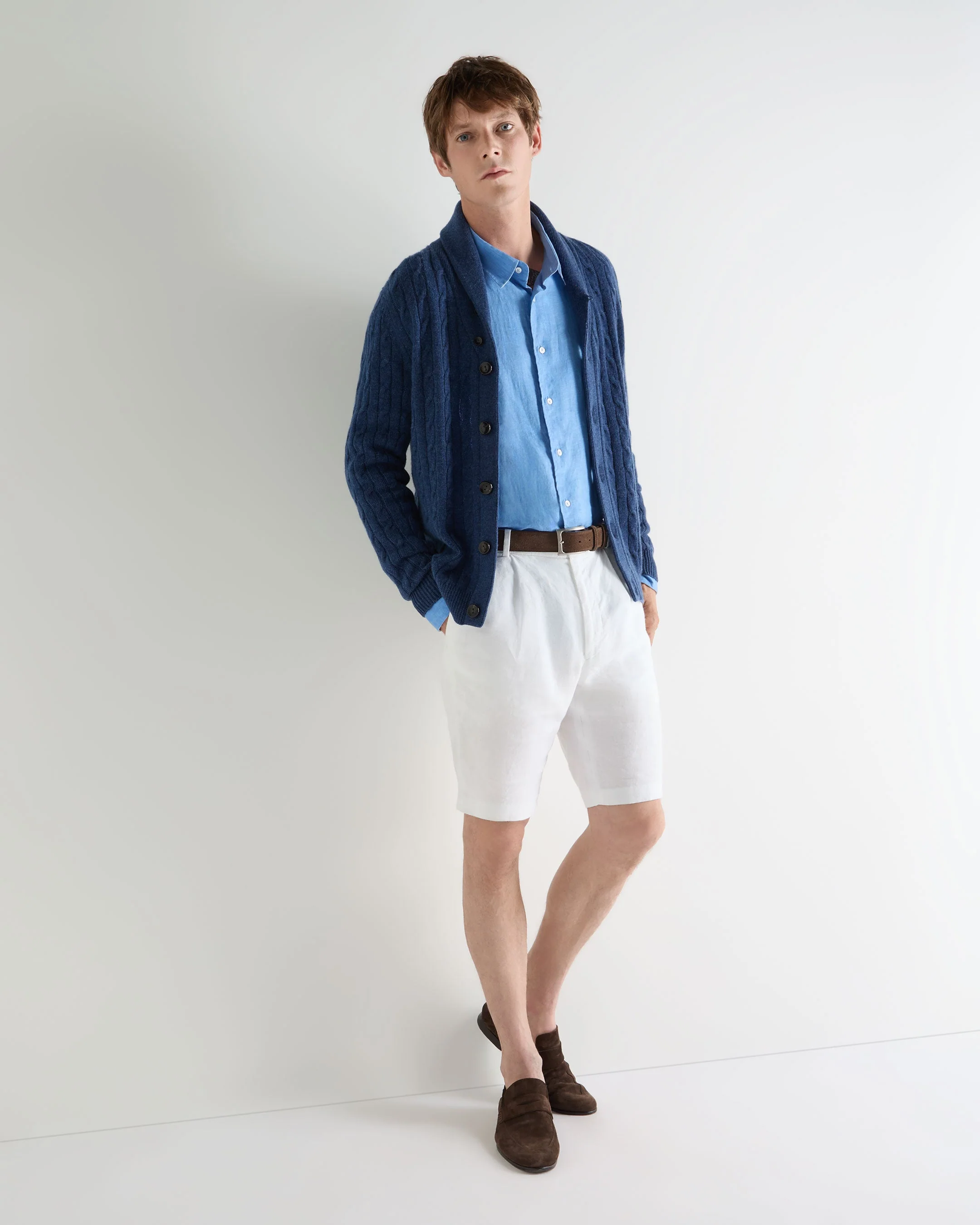 Men's Garrick Shawl Cable Cashmere Cardigan Bright Denim Blue - Image 3