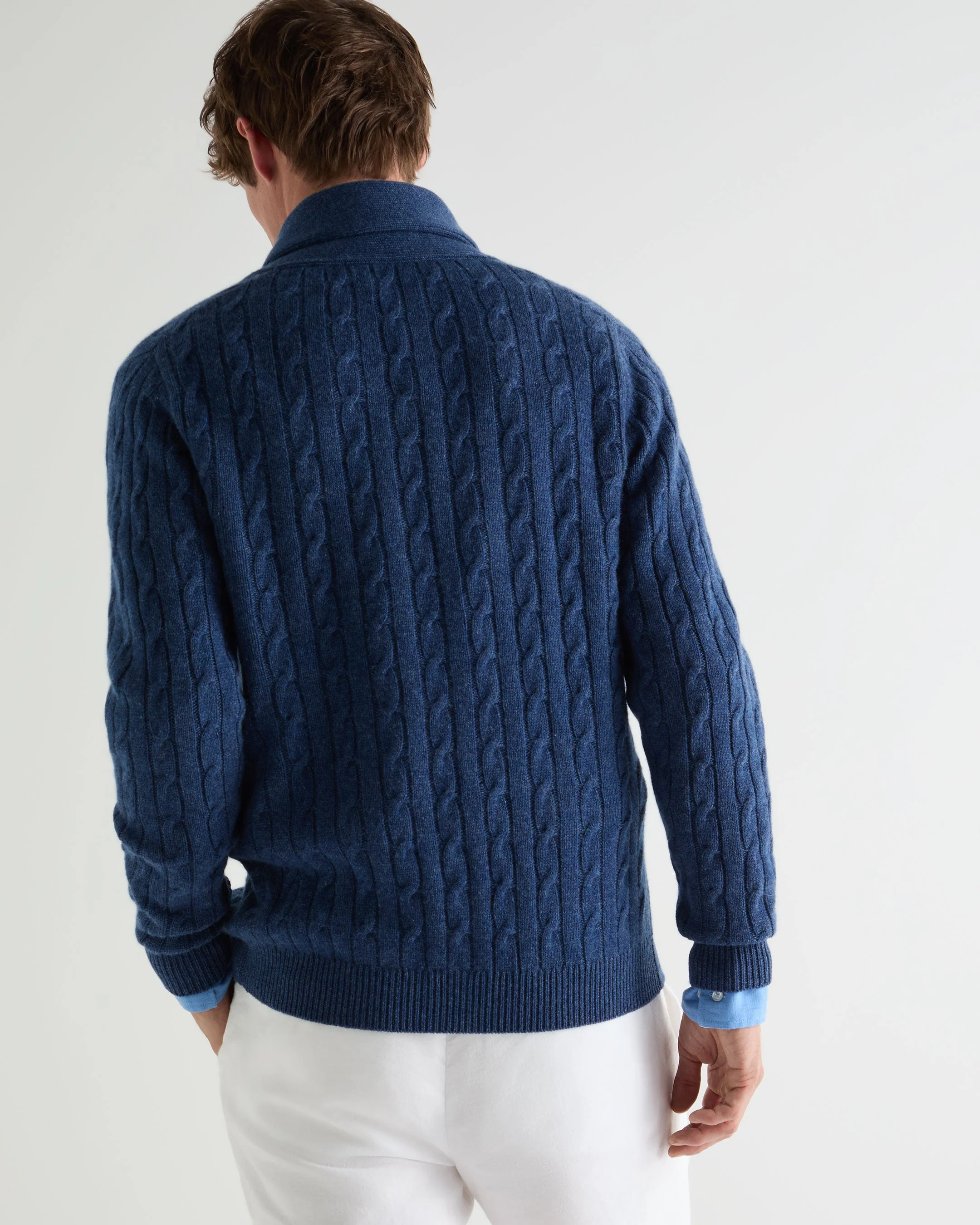 Men's Garrick Shawl Cable Cashmere Cardigan Bright Denim Blue - Image 4