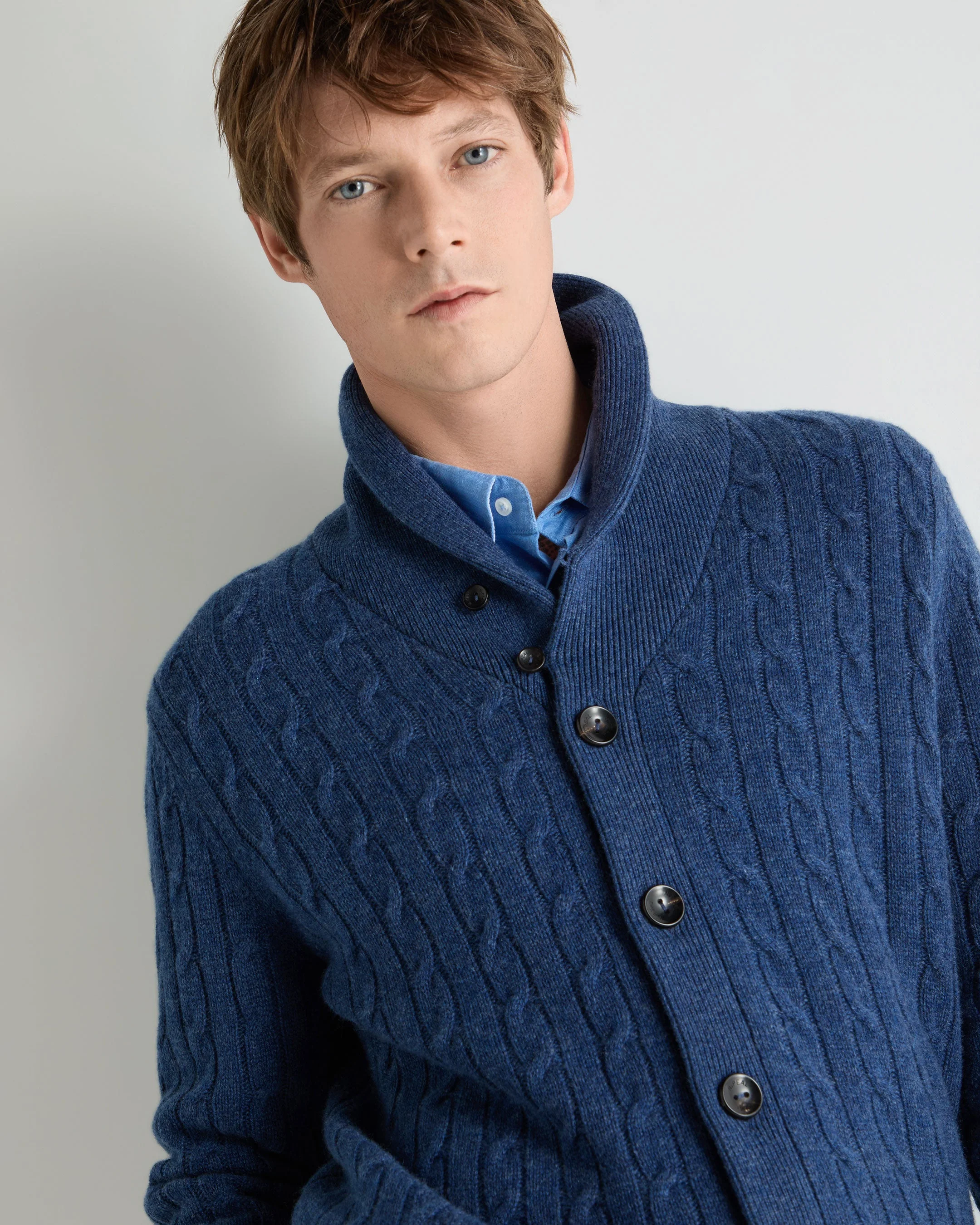 Men's Garrick Shawl Cable Cashmere Cardigan Bright Denim Blue - Image 5