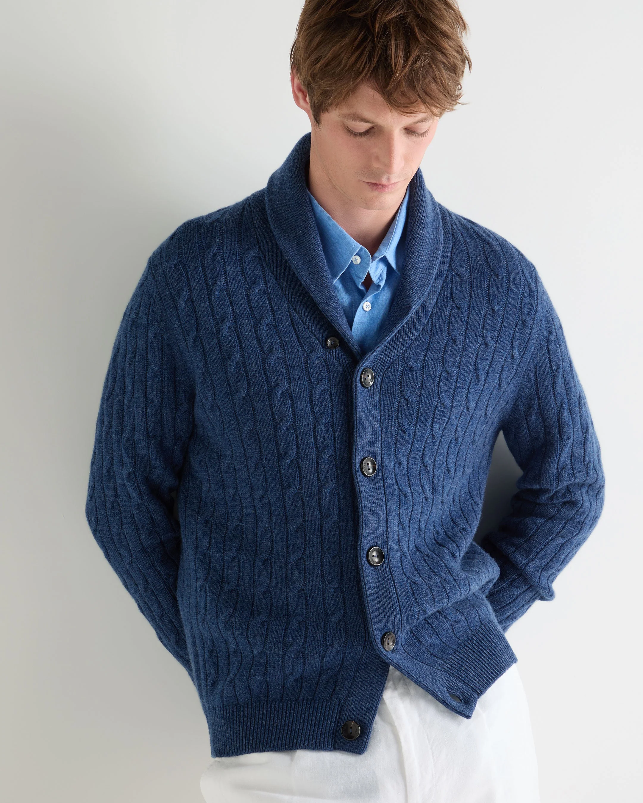 Men's Garrick Shawl Cable Cashmere Cardigan Bright Denim Blue - Image 6