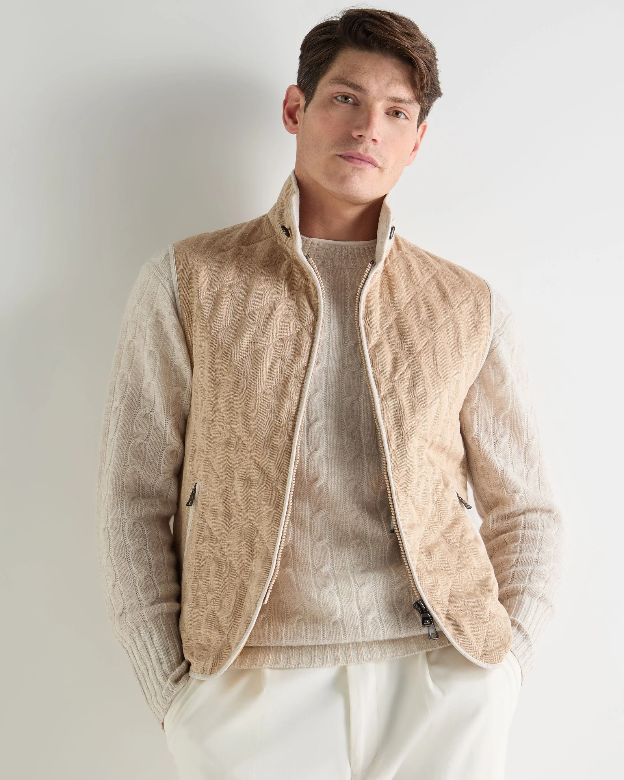 Men's Herringbone Linen Blend Vest Light Brown