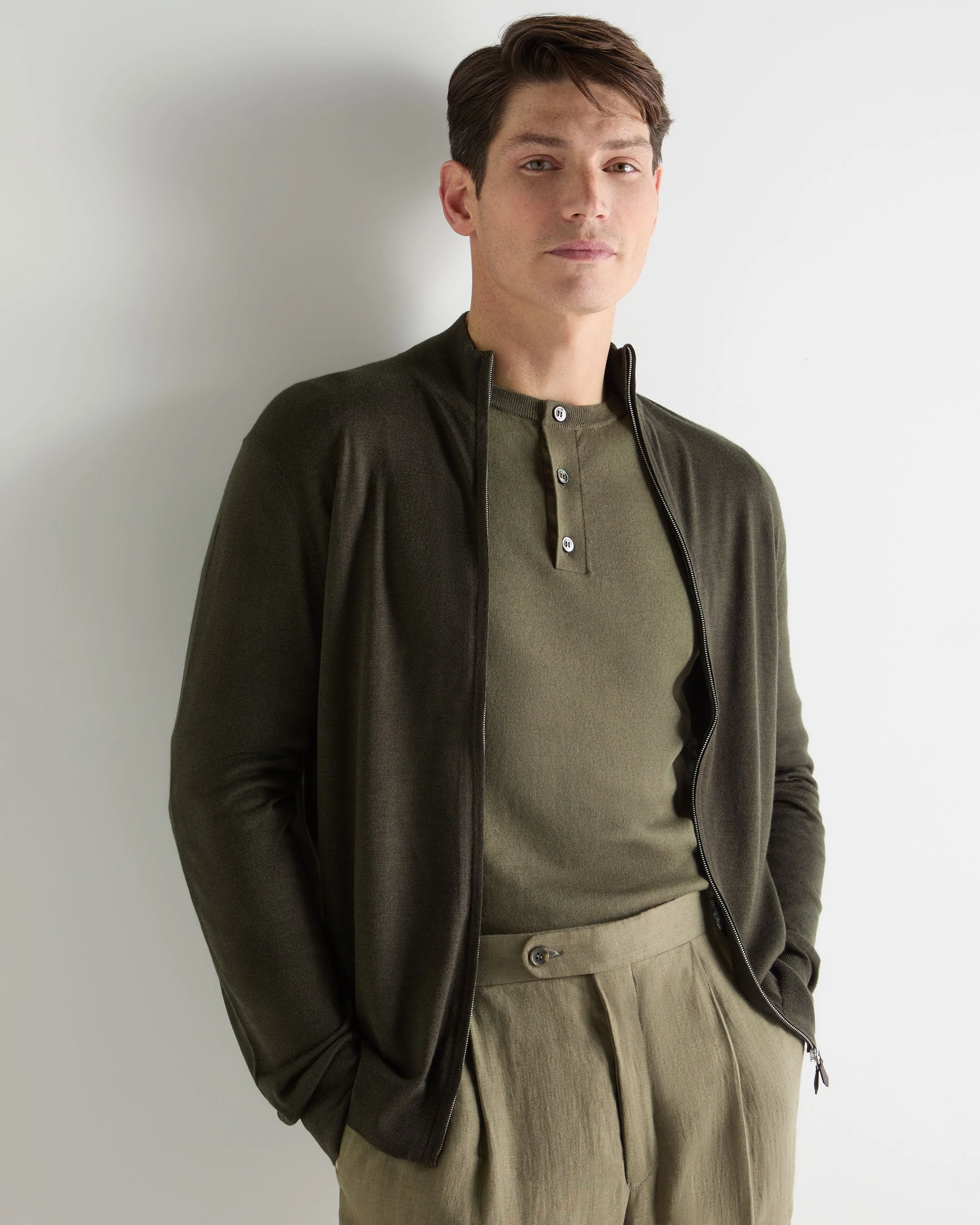 Men's Hyde Fine Gauge Cashmere Full Zip Sweater Arabica Khaki Green
