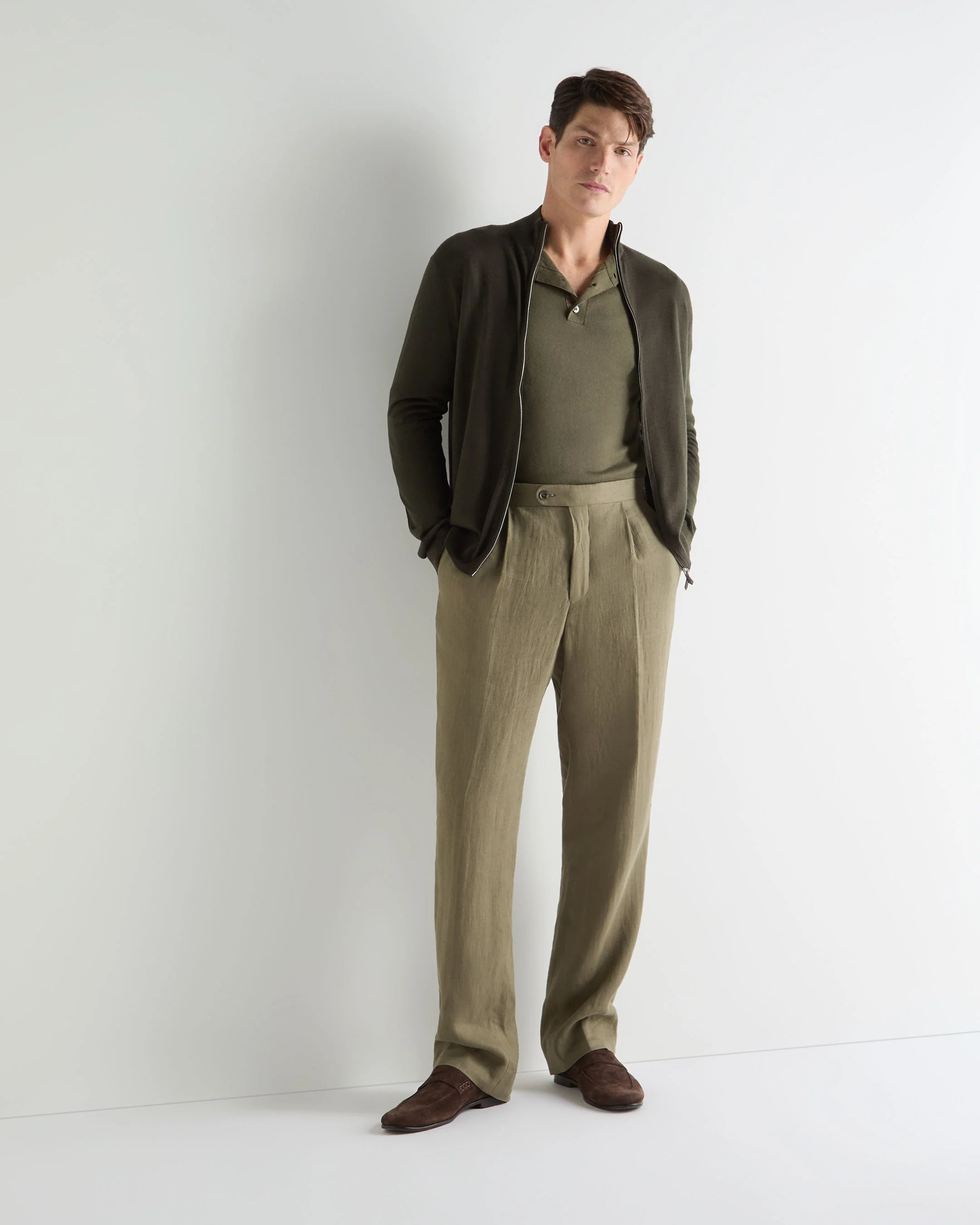 Men's Hyde Fine Gauge Cashmere Full Zip Sweater Arabica Khaki Green - Image 3