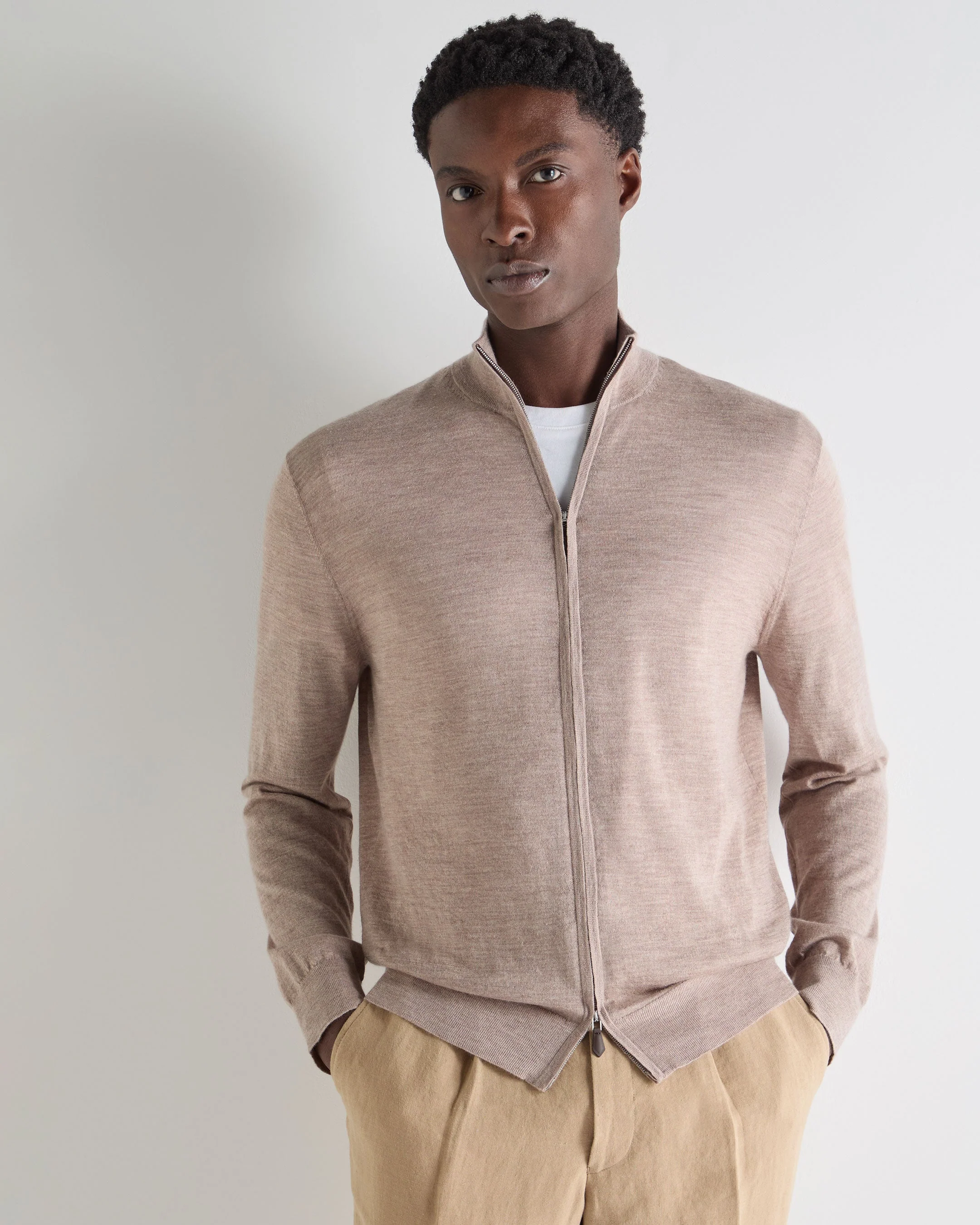 Men's Hyde Fine Gauge Cashmere Full Zip Sweater Soft Taupe Brown