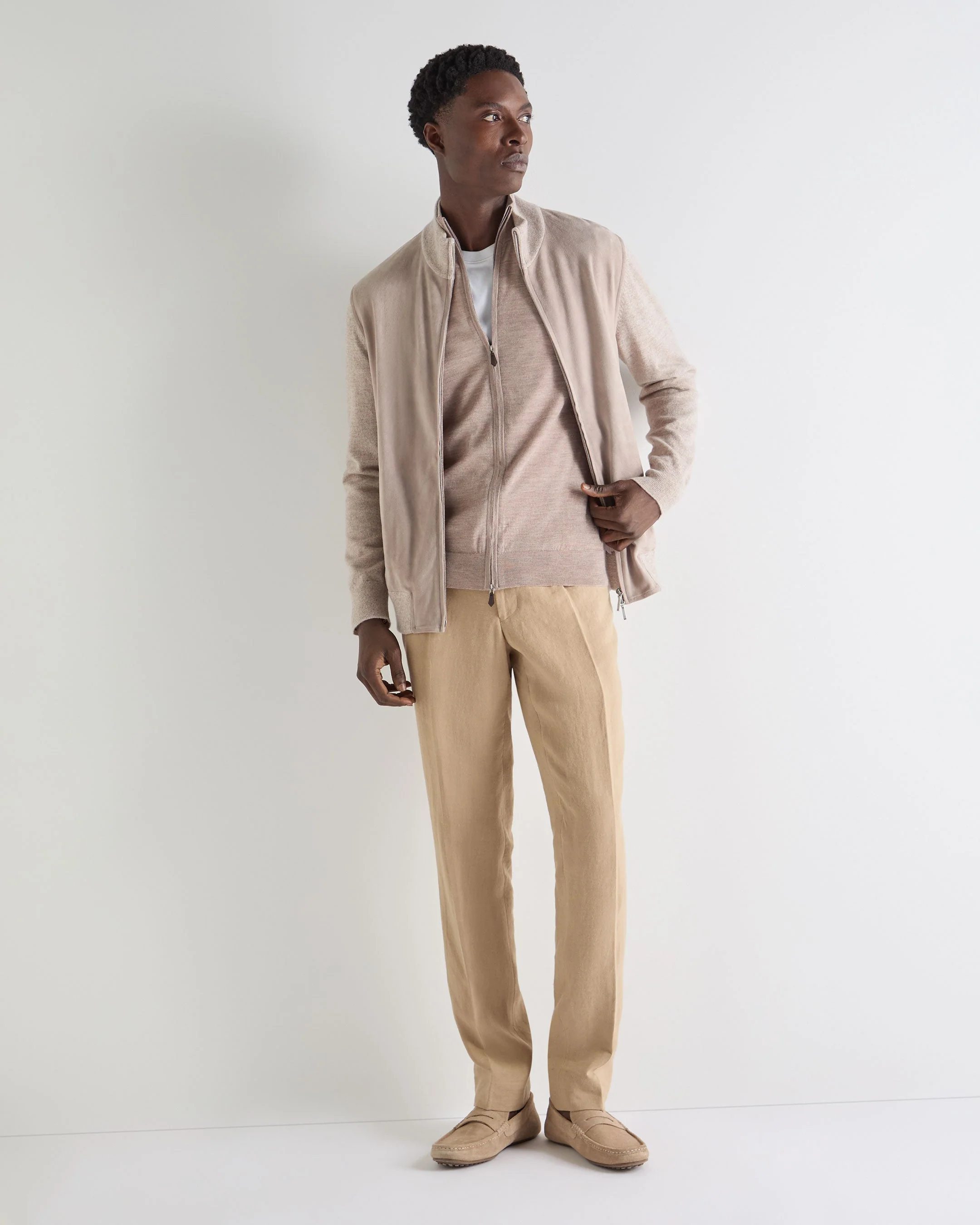 Men's Hyde Fine Gauge Cashmere Full Zip Sweater Soft Taupe Brown - Image 3