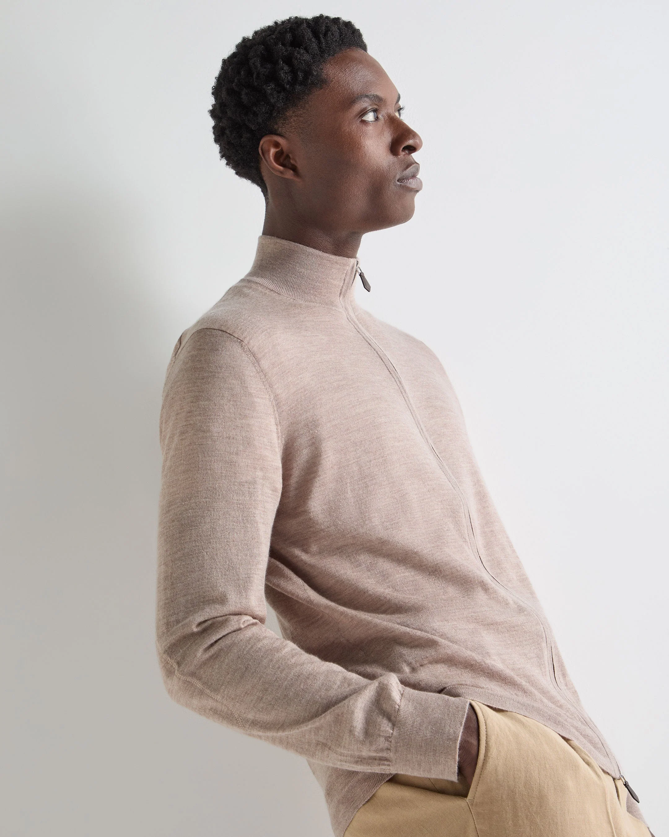 Men's Hyde Fine Gauge Cashmere Full Zip Sweater Soft Taupe Brown - Image 5