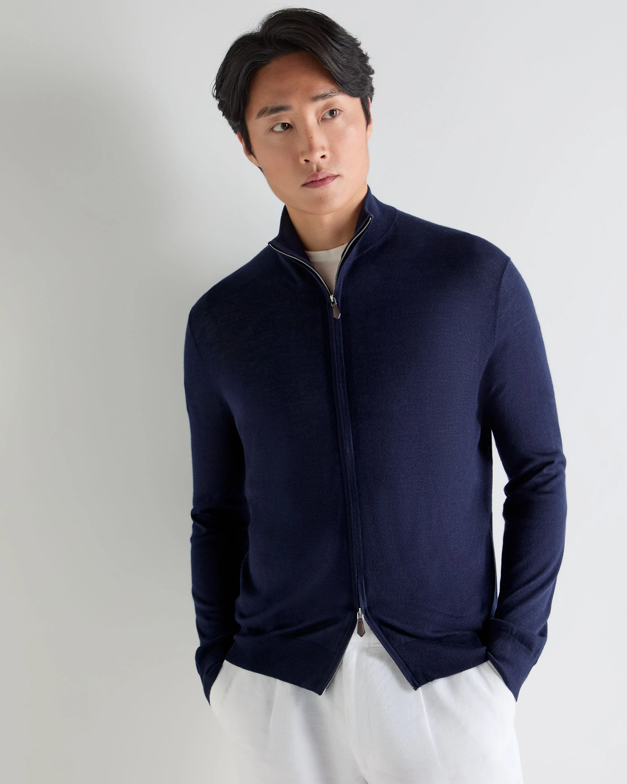 Men's Hyde Fine Gauge Cashmere Full Zip Sweater Summer Navy Blue